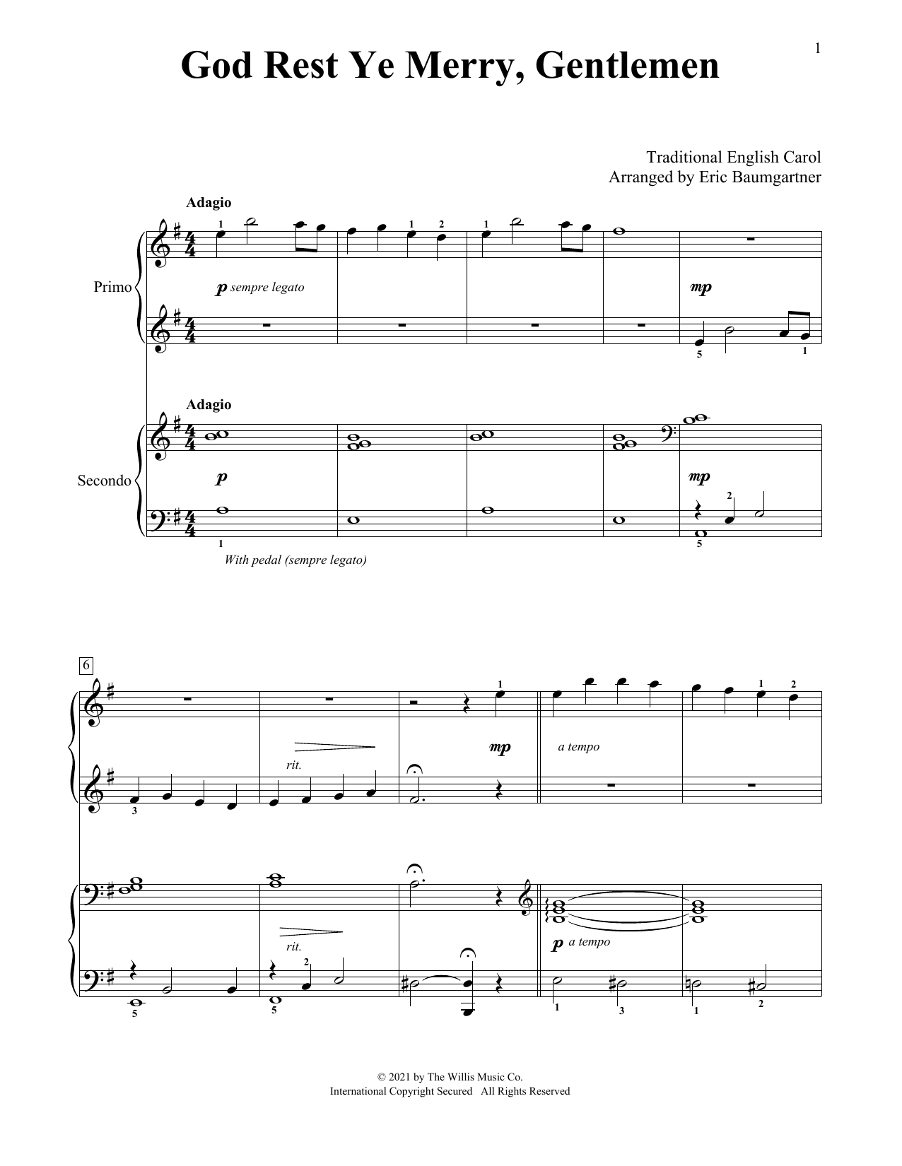 Traditional English Carol God Rest Ye Merry, Gentlemen (arr. Eric Baumgartner) Sheet Music Notes & Chords for Piano Duet - Download or Print PDF