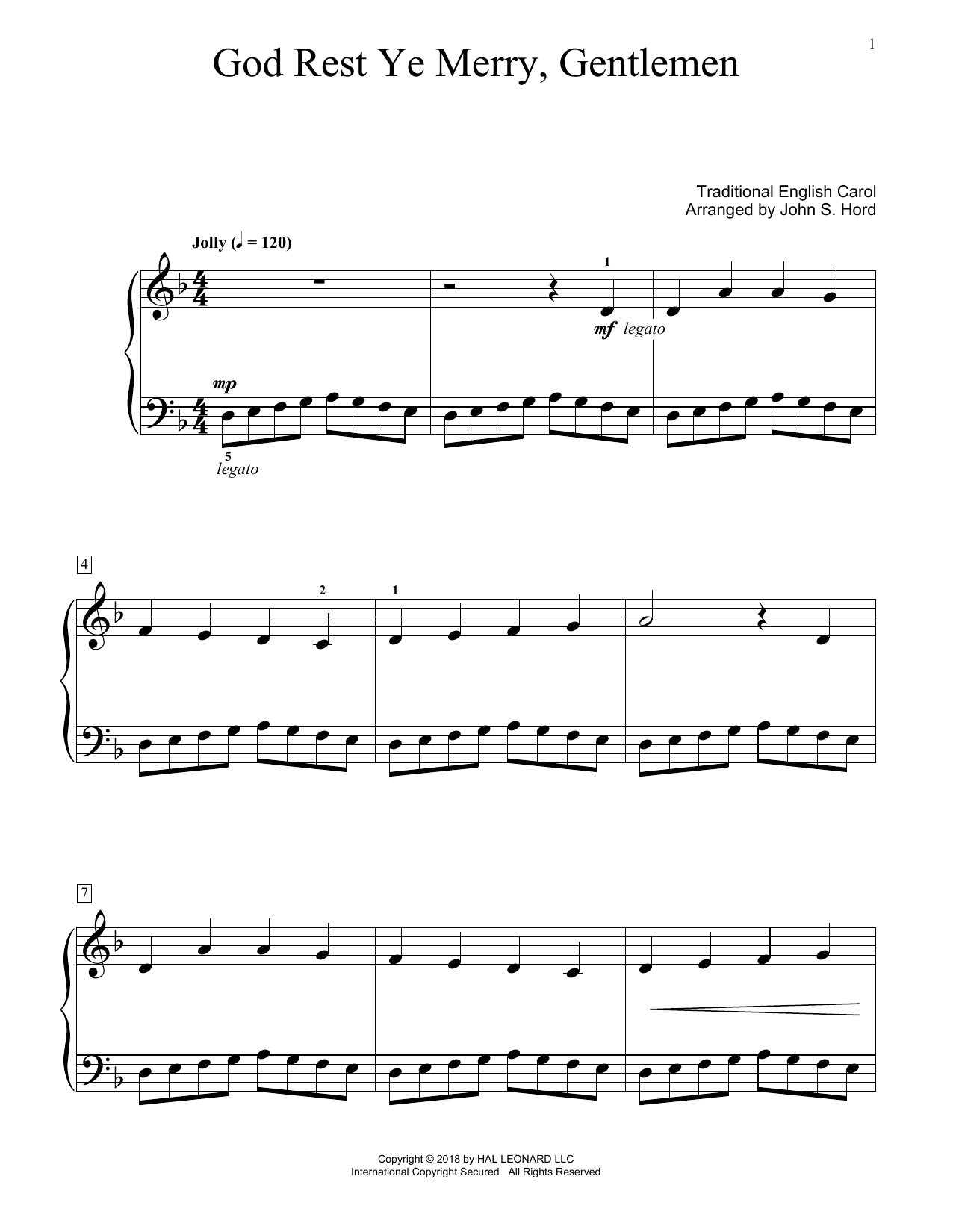 Traditional English Carol God Rest Ye Merry, Gentlemen (arr. John S. Hord) Sheet Music Notes & Chords for Educational Piano - Download or Print PDF