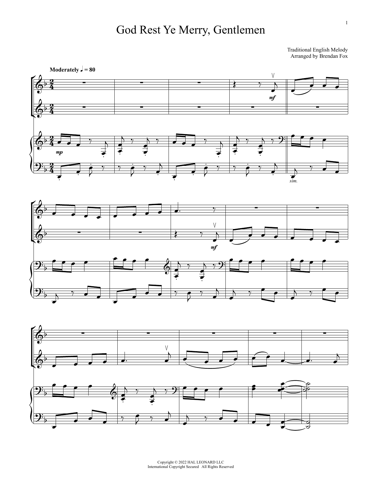 Traditional English Carol God Rest Ye Merry, Gentlemen (for Violin Duet and Piano) Sheet Music Notes & Chords for Violin and Piano - Download or Print PDF