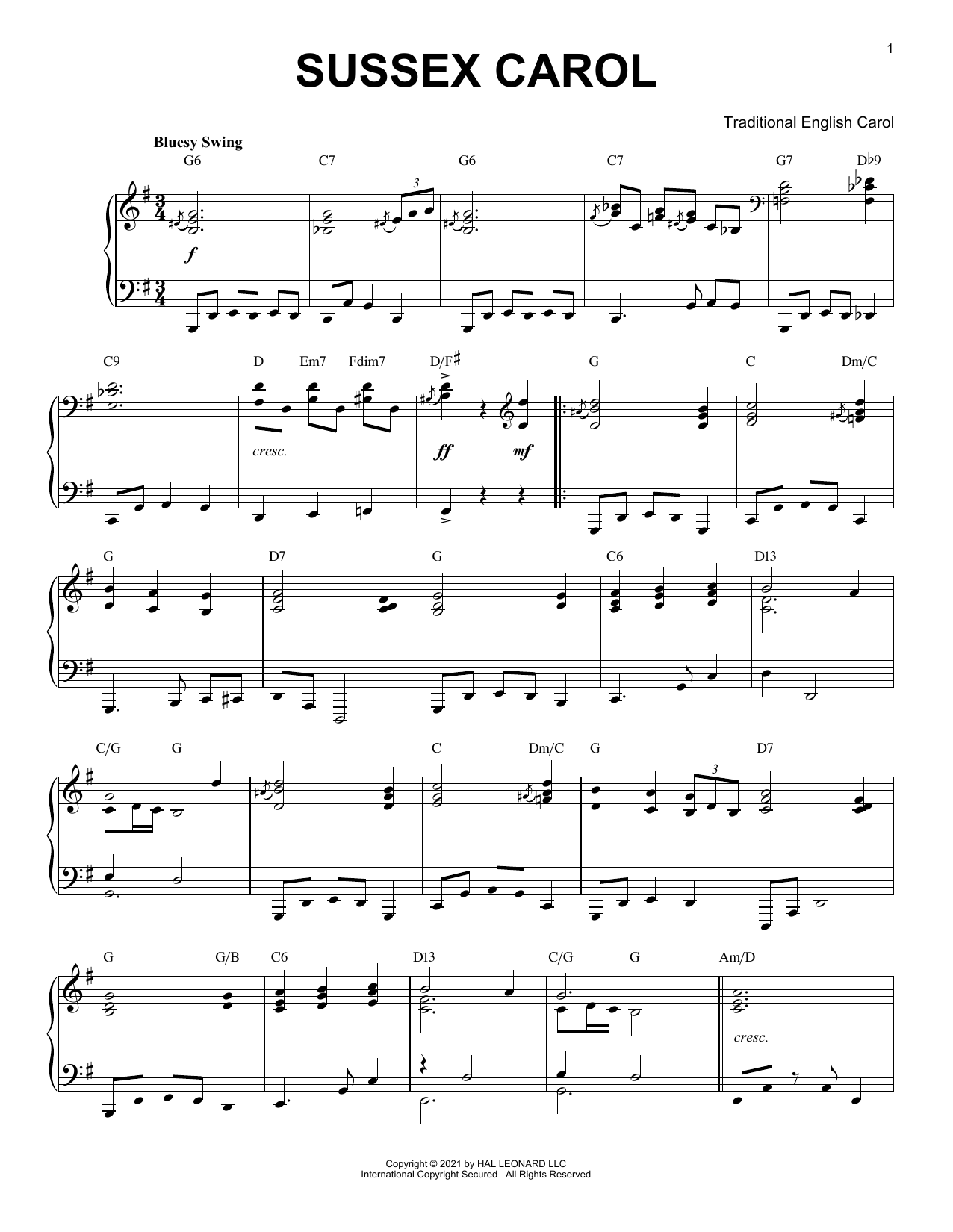 Traditional English Carol Sussex Carol [Jazz version] (arr. Brent Edstrom) Sheet Music Notes & Chords for Piano Solo - Download or Print PDF
