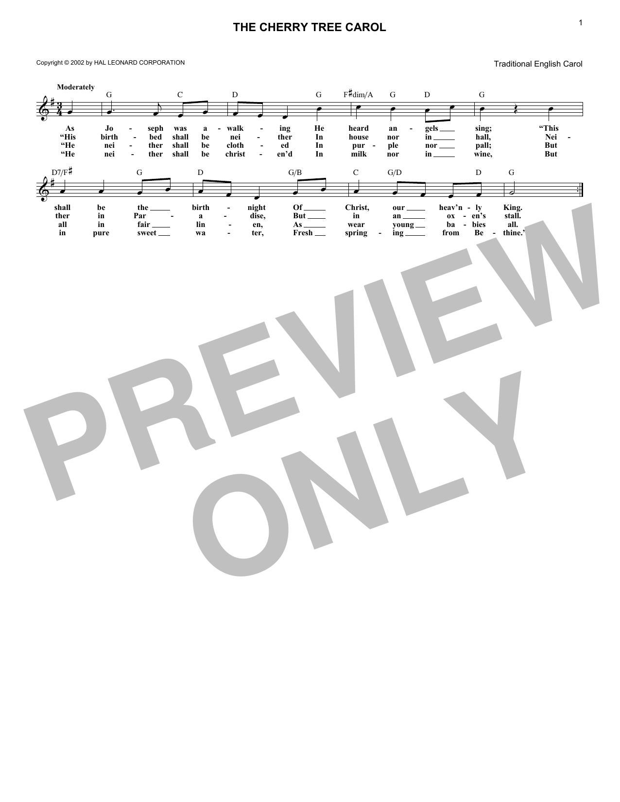 Traditional English Carol The Cherry Tree Carol Sheet Music Notes & Chords for Melody Line, Lyrics & Chords - Download or Print PDF
