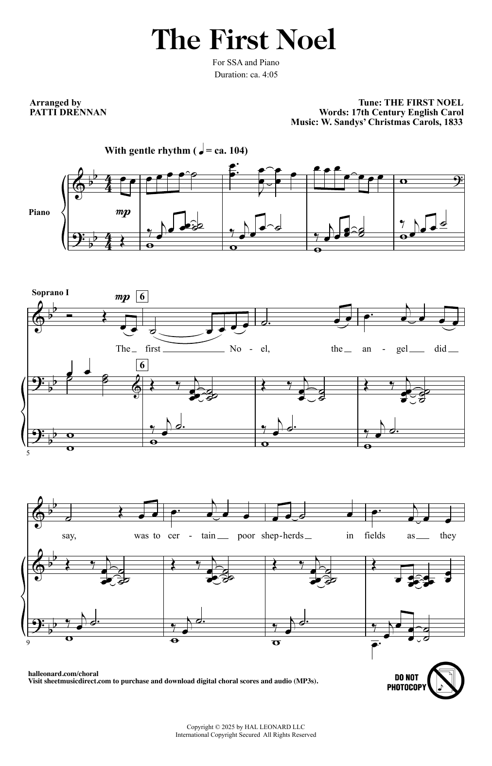 Traditional English Carol The First Noel (arr. Patti Drennan) Sheet Music Notes & Chords for SSA Choir - Download or Print PDF