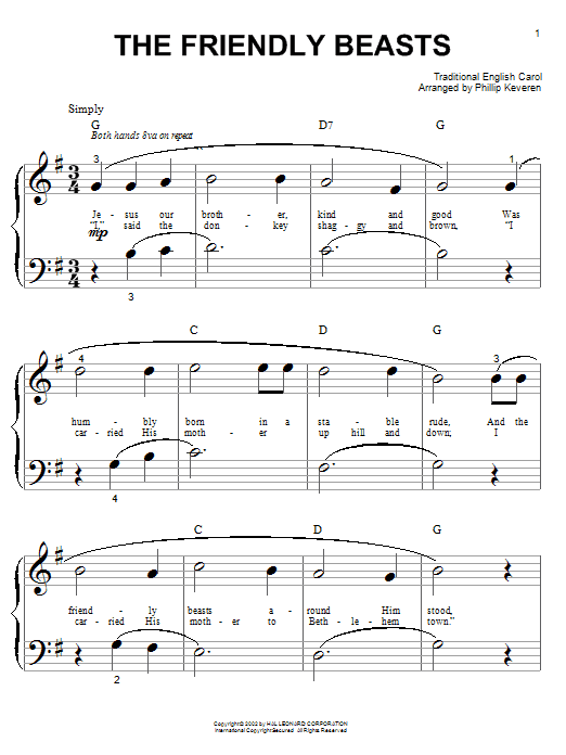 Traditional Carol The Friendly Beasts Sheet Music Notes & Chords for Piano (Big Notes) - Download or Print PDF