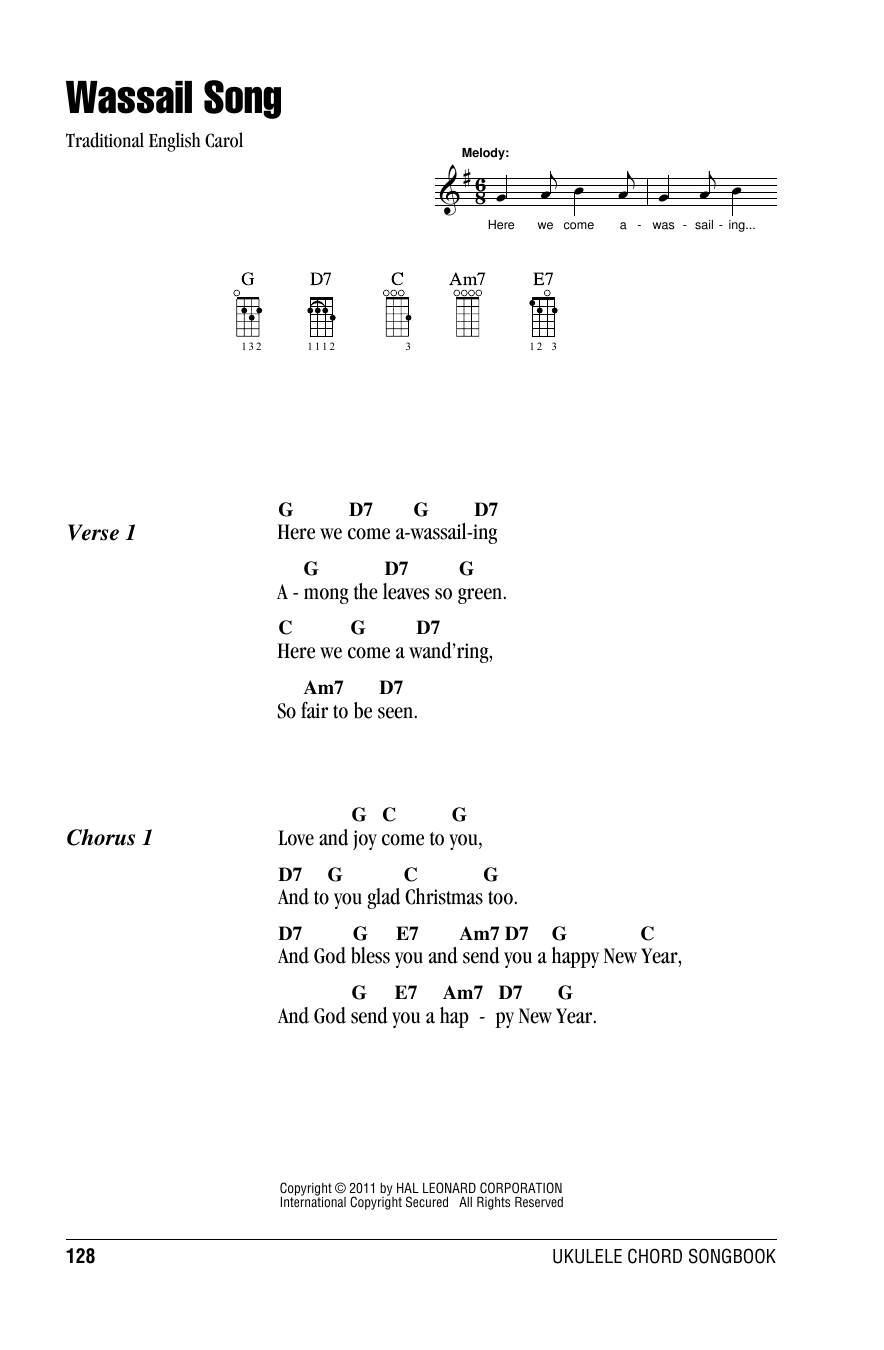 Traditional English Carol Wassail Song Sheet Music Notes & Chords for Ukulele with strumming patterns - Download or Print PDF