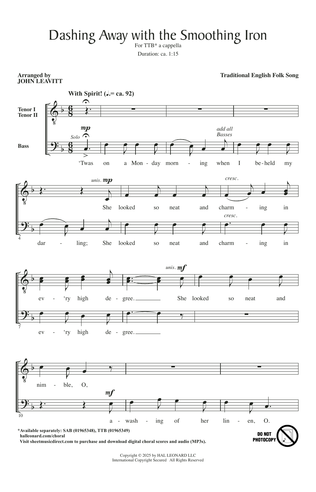 Traditional English Folk Song Dashing Away With The Smoothing Iron (arr. John Leavitt) Sheet Music Notes & Chords for SAB Choir - Download or Print PDF