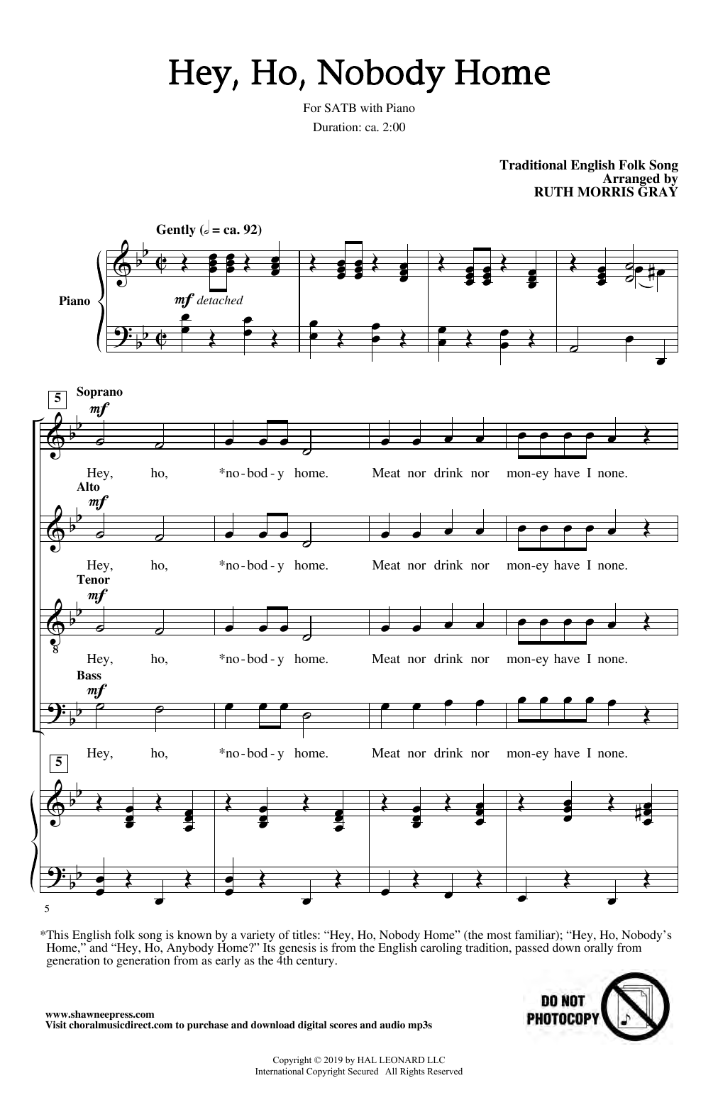 Traditional English Folk Song Hey Ho, Nobody Home (arr. Ruth Morris Gray) Sheet Music Notes & Chords for SATB Choir - Download or Print PDF