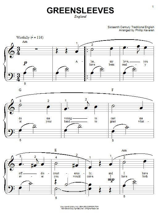 Traditional English Folksong Greensleeves Sheet Music Notes & Chords for Piano (Big Notes) - Download or Print PDF