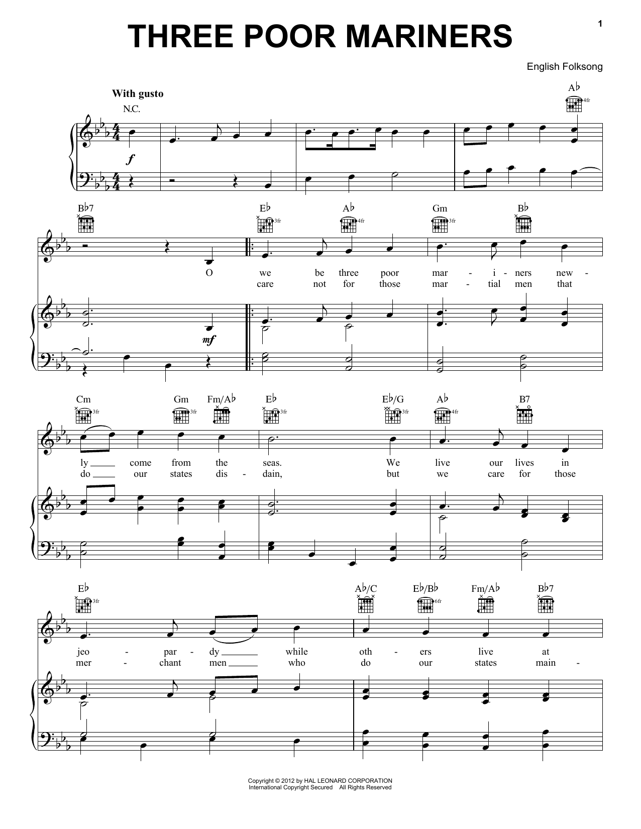 Traditional English Folksong Three Poor Mariners Sheet Music Notes & Chords for Piano, Vocal & Guitar (Right-Hand Melody) - Download or Print PDF