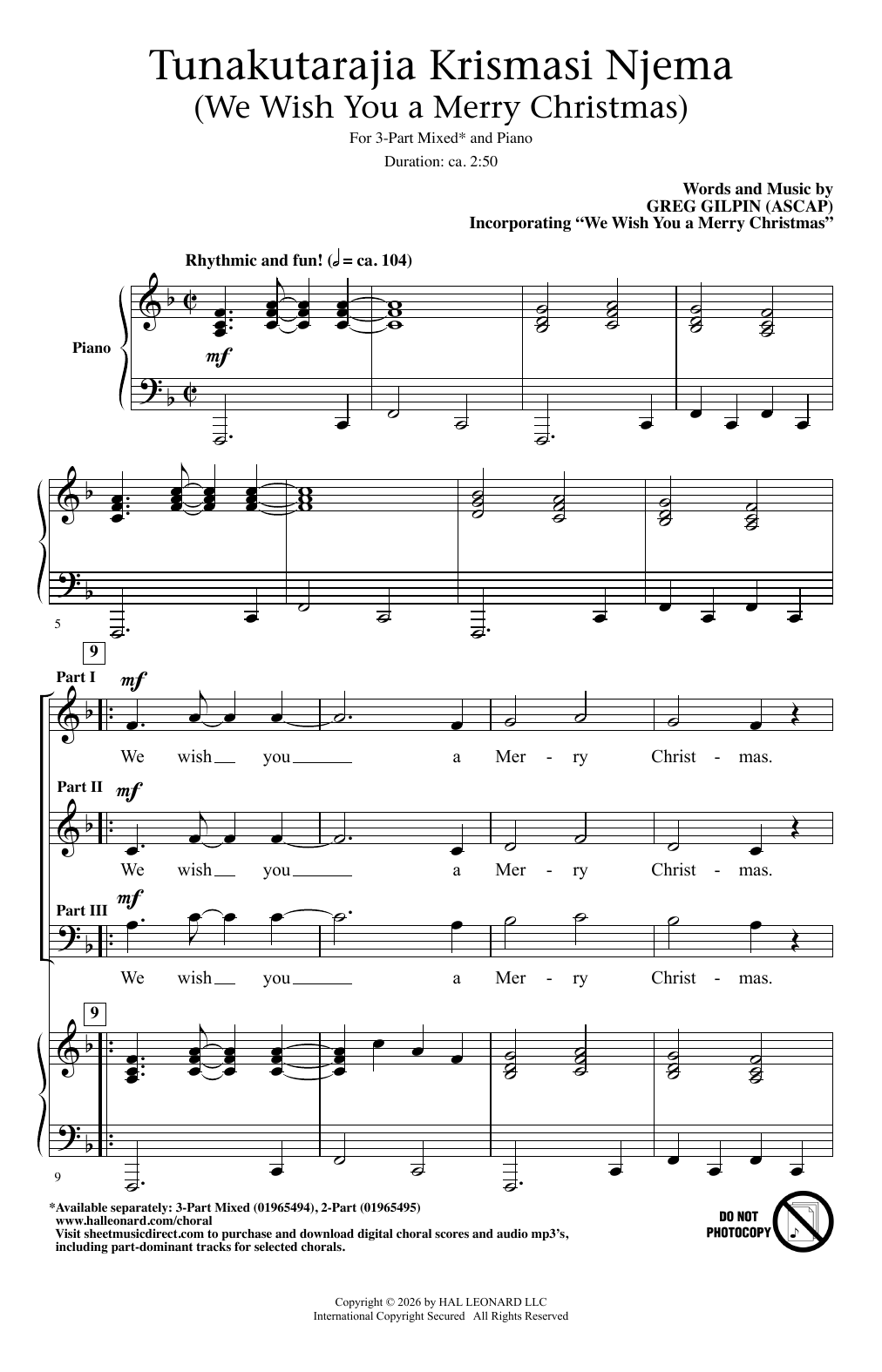 Traditional English Folksong Tunakatarajia Krismasi Njema (We Wish You A Merry Christmas) Sheet Music Notes & Chords for 3-Part Mixed Choir - Download or Print PDF