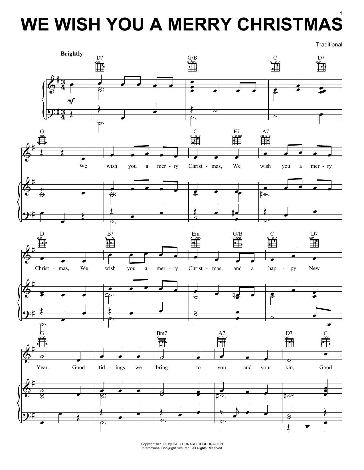 Traditional English Folksong We Wish You A Merry Christmas Sheet Music Notes & Chords for Melody Line, Lyrics & Chords - Download or Print PDF