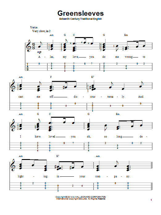 Traditional English Greensleeves Sheet Music Notes & Chords for Melody Line, Lyrics & Chords - Download or Print PDF