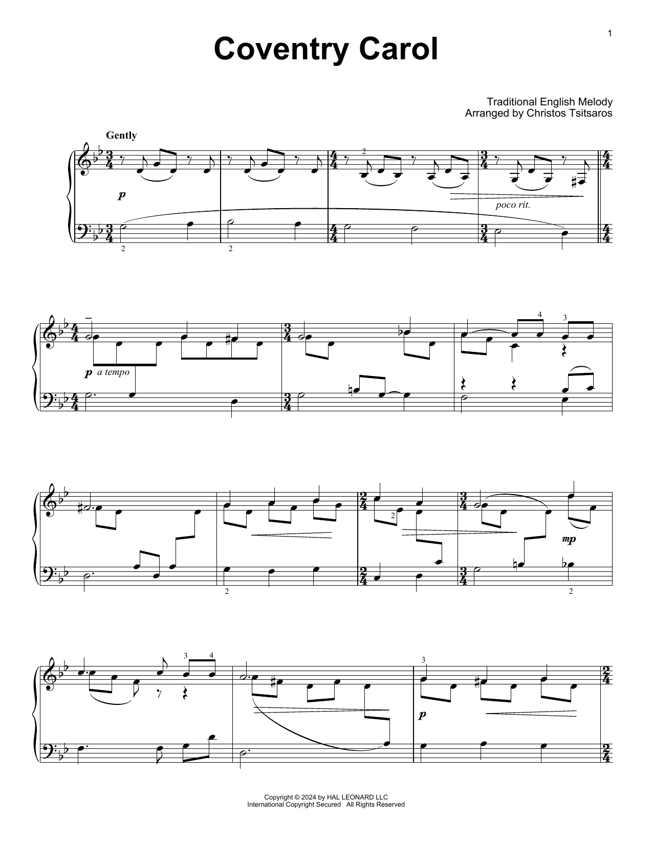 Traditional English Melody Coventry Carol (arr. Christos Tsitsaros) Sheet Music Notes & Chords for Easy Piano Solo - Download or Print PDF