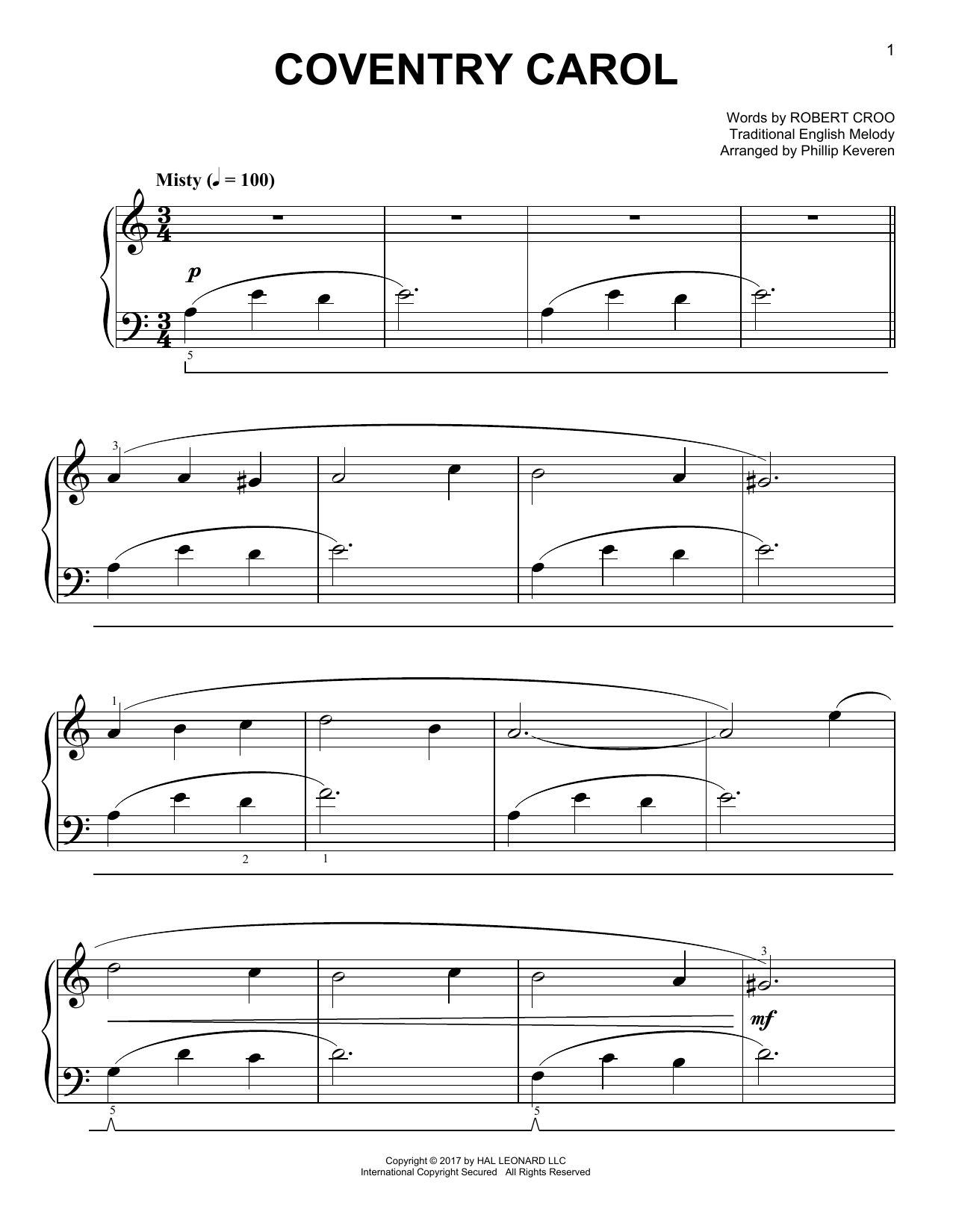 Traditional English Melody Coventry Carol [Classical version] (arr. Phillip Keveren) Sheet Music Notes & Chords for Easy Piano - Download or Print PDF