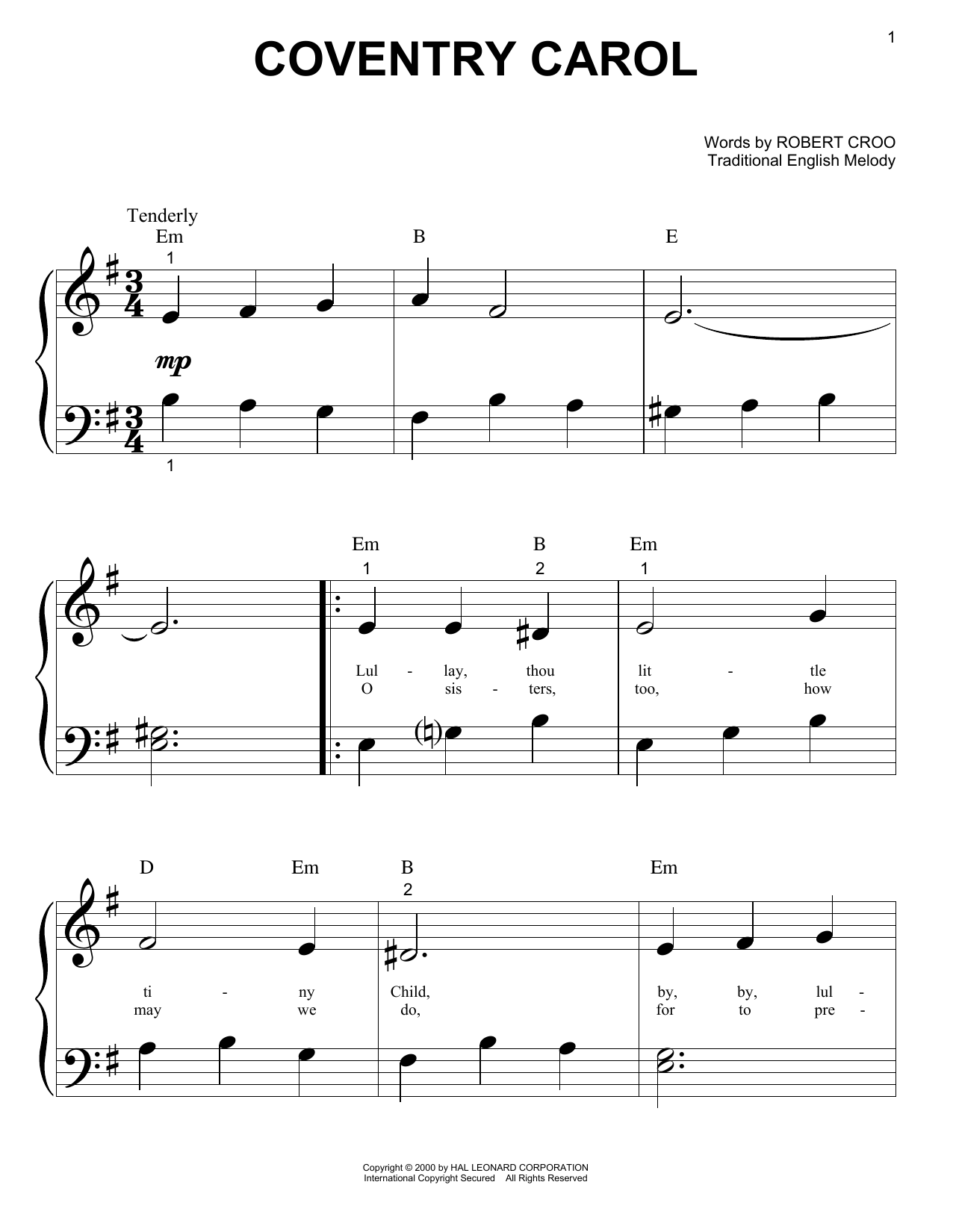 Traditional English Melody Coventry Carol Sheet Music Notes & Chords for Piano - Download or Print PDF