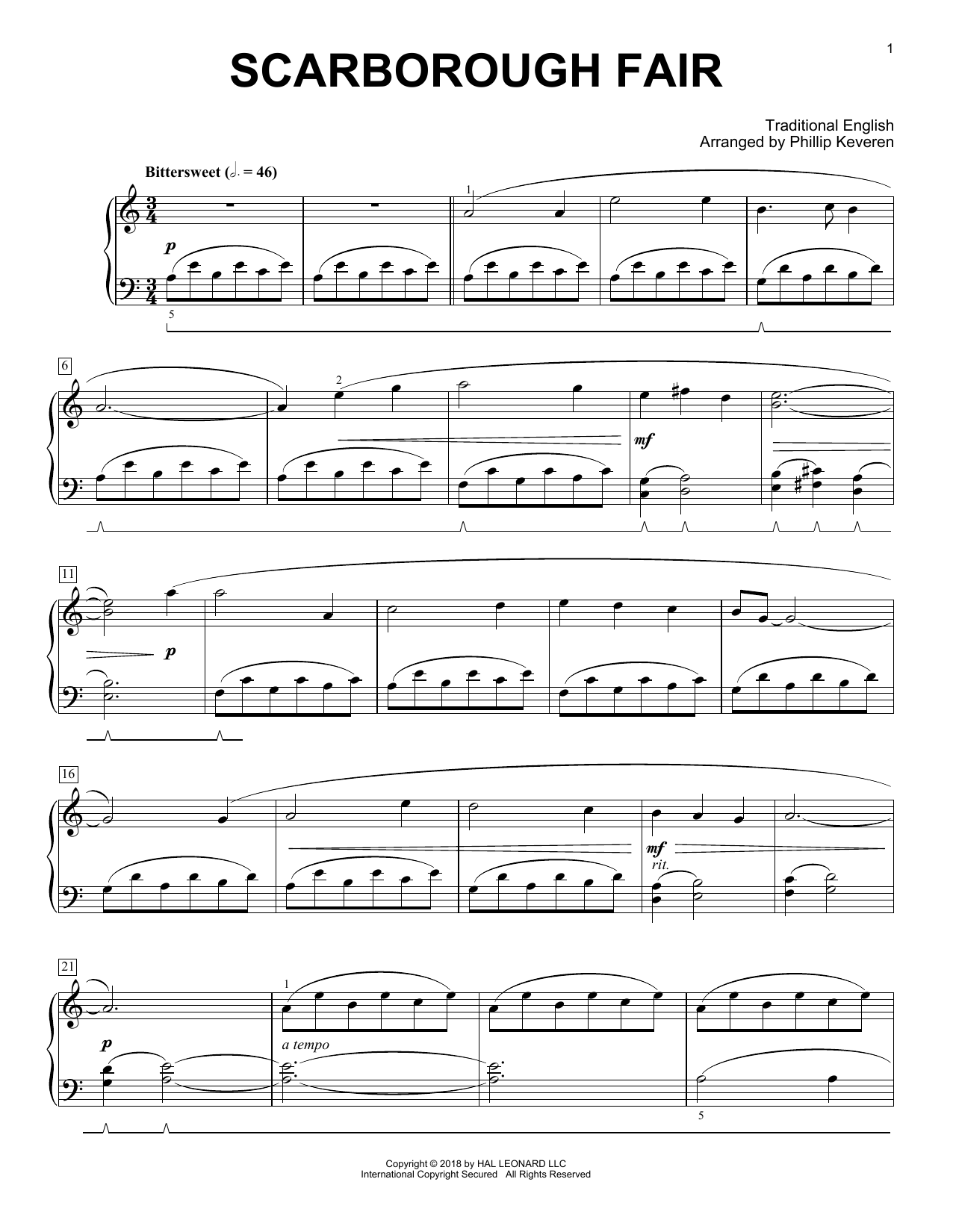Traditional English Scarborough Fair [Classical version] (arr. Phillip Keveren) Sheet Music Notes & Chords for Piano - Download or Print PDF