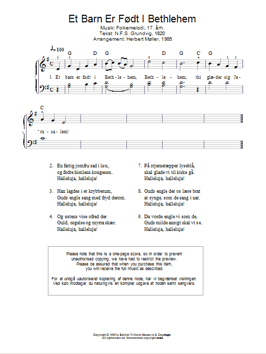 Traditional Et Barn Er Fodt I Bethlehem Sheet Music Notes & Chords for Piano - Download or Print PDF