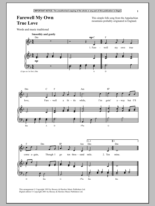 Traditional Farewell My Own True Love Sheet Music Notes & Chords for Piano - Download or Print PDF