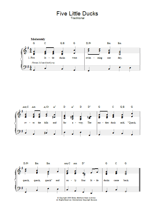 Traditional Five Little Ducks Sheet Music Notes & Chords for Melody Line, Lyrics & Chords - Download or Print PDF