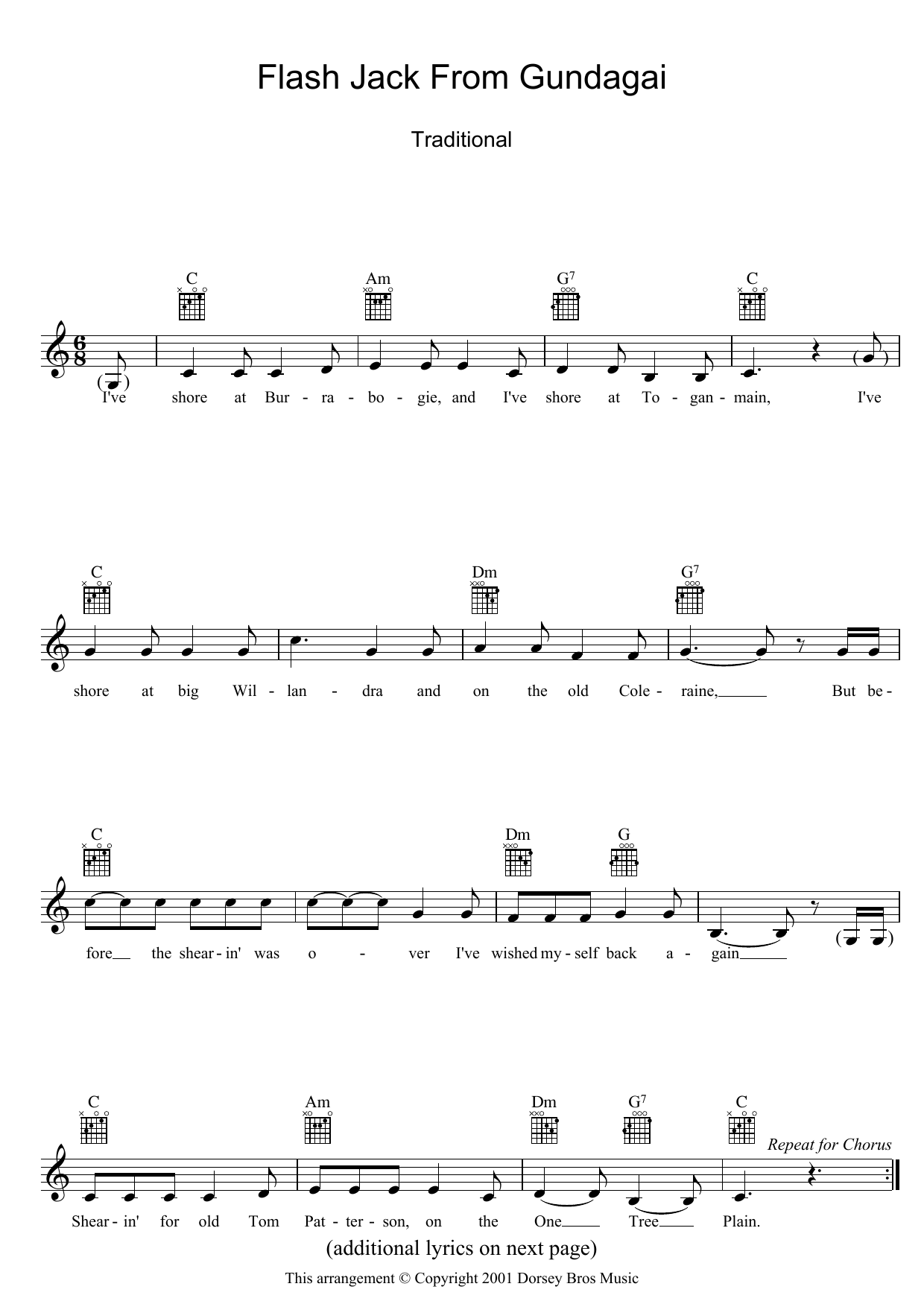 Traditional Flash Jack From Gundagai Sheet Music Notes & Chords for Melody Line, Lyrics & Chords - Download or Print PDF