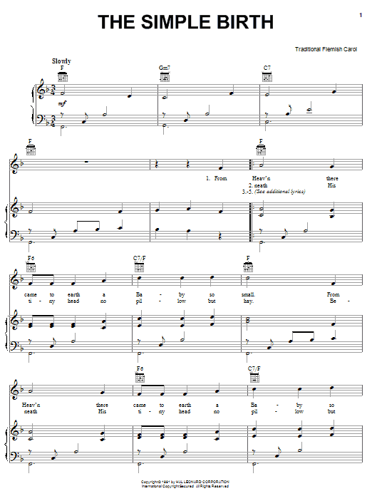 Traditional Flemish Carol The Simple Birth Sheet Music Notes & Chords for Piano, Vocal & Guitar (Right-Hand Melody) - Download or Print PDF