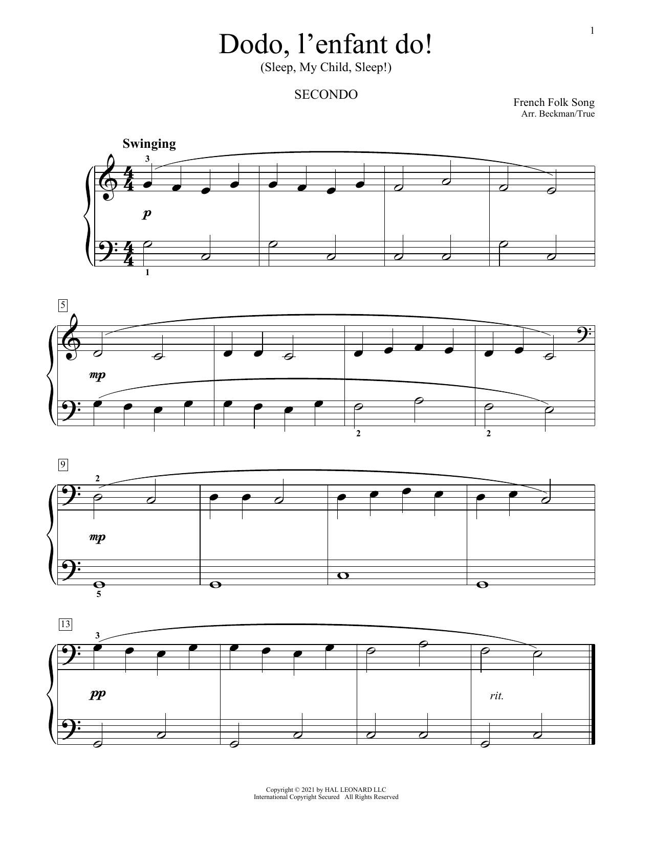 Traditional Folk Song Dodo, L'enfant Do! Sheet Music Notes & Chords for Piano Duet - Download or Print PDF