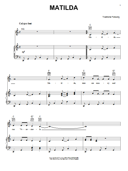 Traditional Folk Song Matilda Sheet Music Notes & Chords for Melody Line, Lyrics & Chords - Download or Print PDF