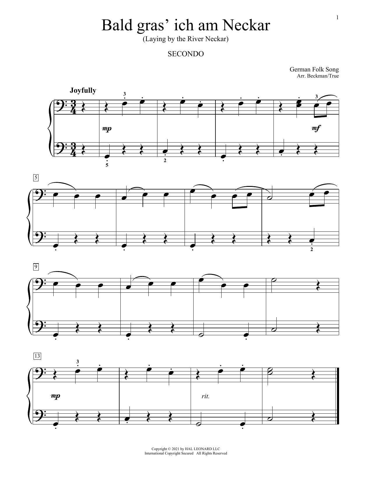 Traditional Folksong Bald Gras' Ich Am Neckar Sheet Music Notes & Chords for Piano Duet - Download or Print PDF