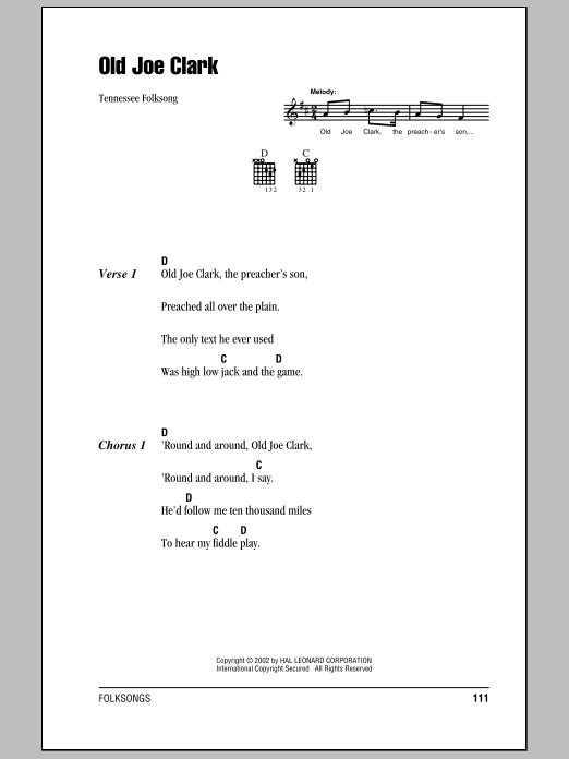 Traditional Folksong Old Joe Clark Sheet Music Notes & Chords for Lyrics & Chords - Download or Print PDF