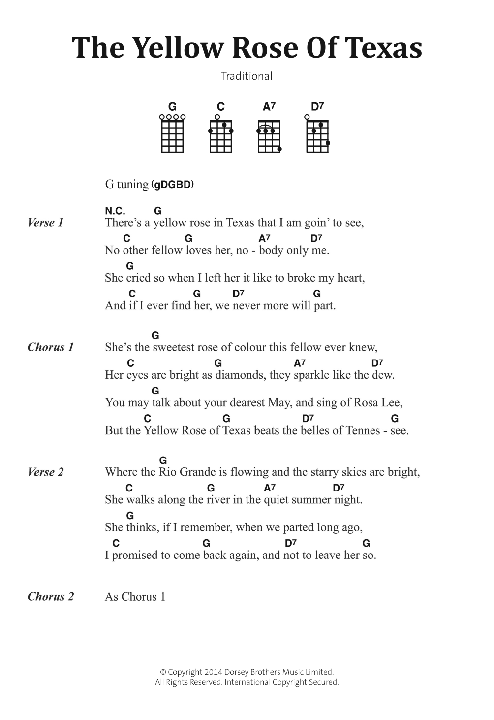 Traditional Folksong The Yellow Rose Of Texas Sheet Music Notes & Chords for Banjo Lyrics & Chords - Download or Print PDF