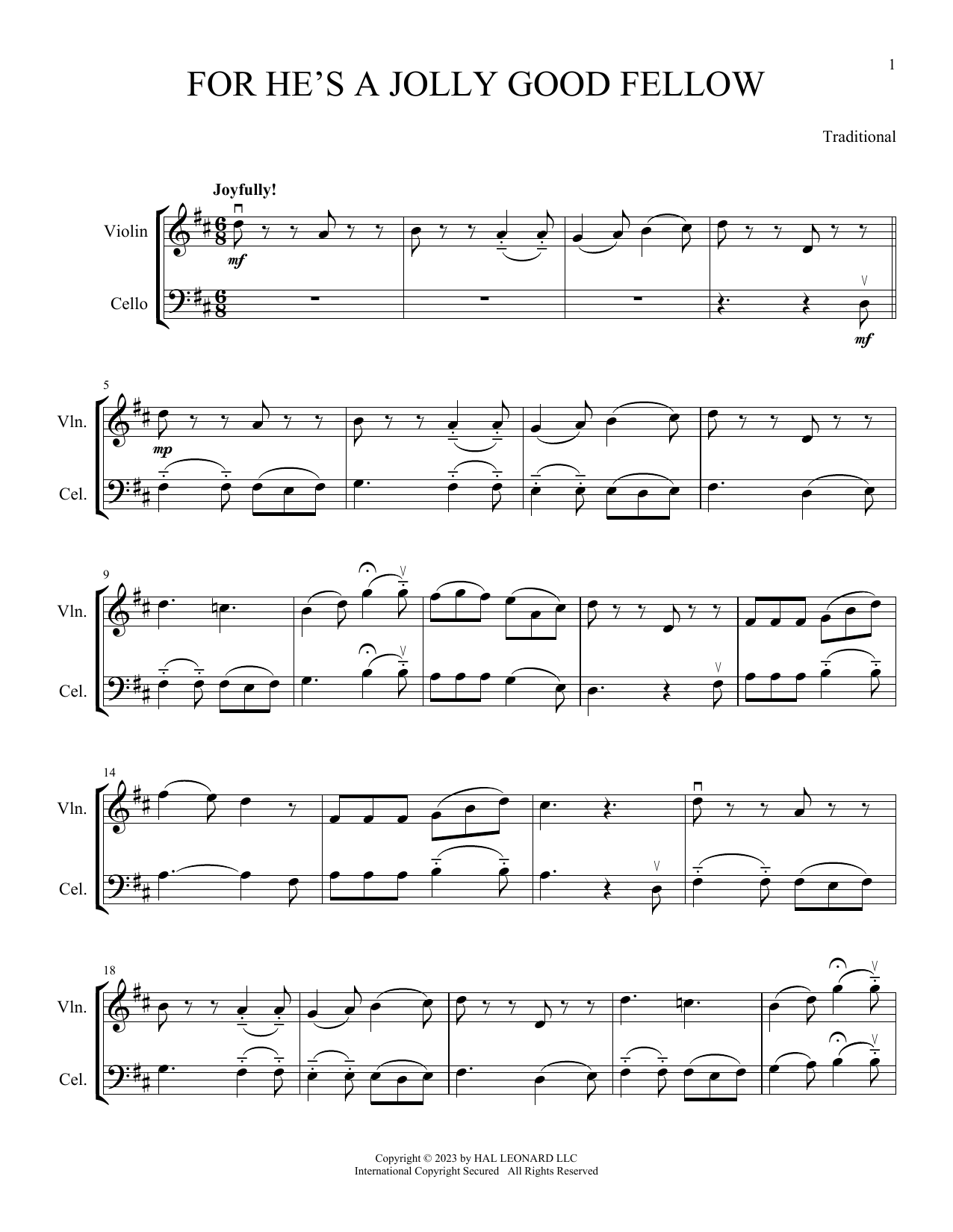 Traditional For He's A Jolly Good Fellow (arr. Michelle Hynson) Sheet Music Notes & Chords for Instrumental Duet - Download or Print PDF