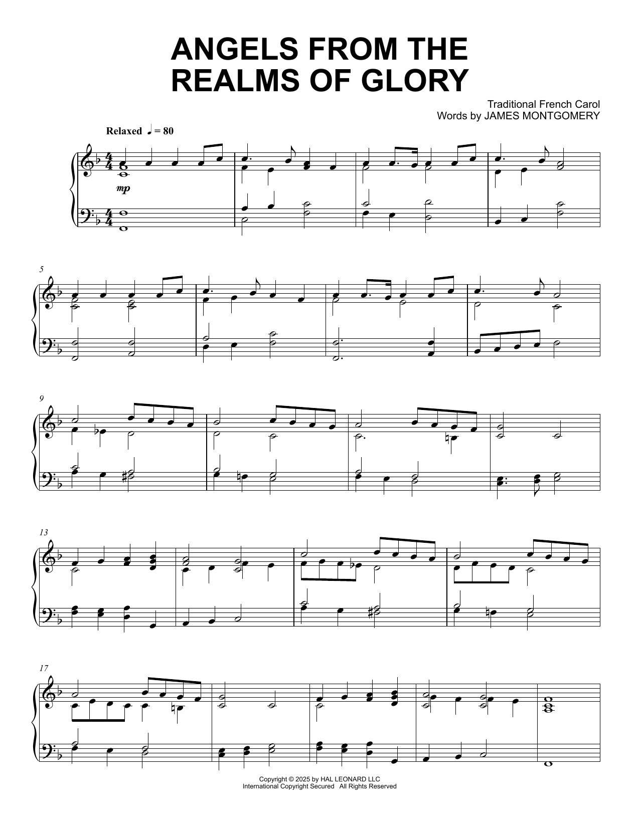 Traditional French Carol Angels From The Realms Of Glory Sheet Music Notes & Chords for Piano Solo - Download or Print PDF