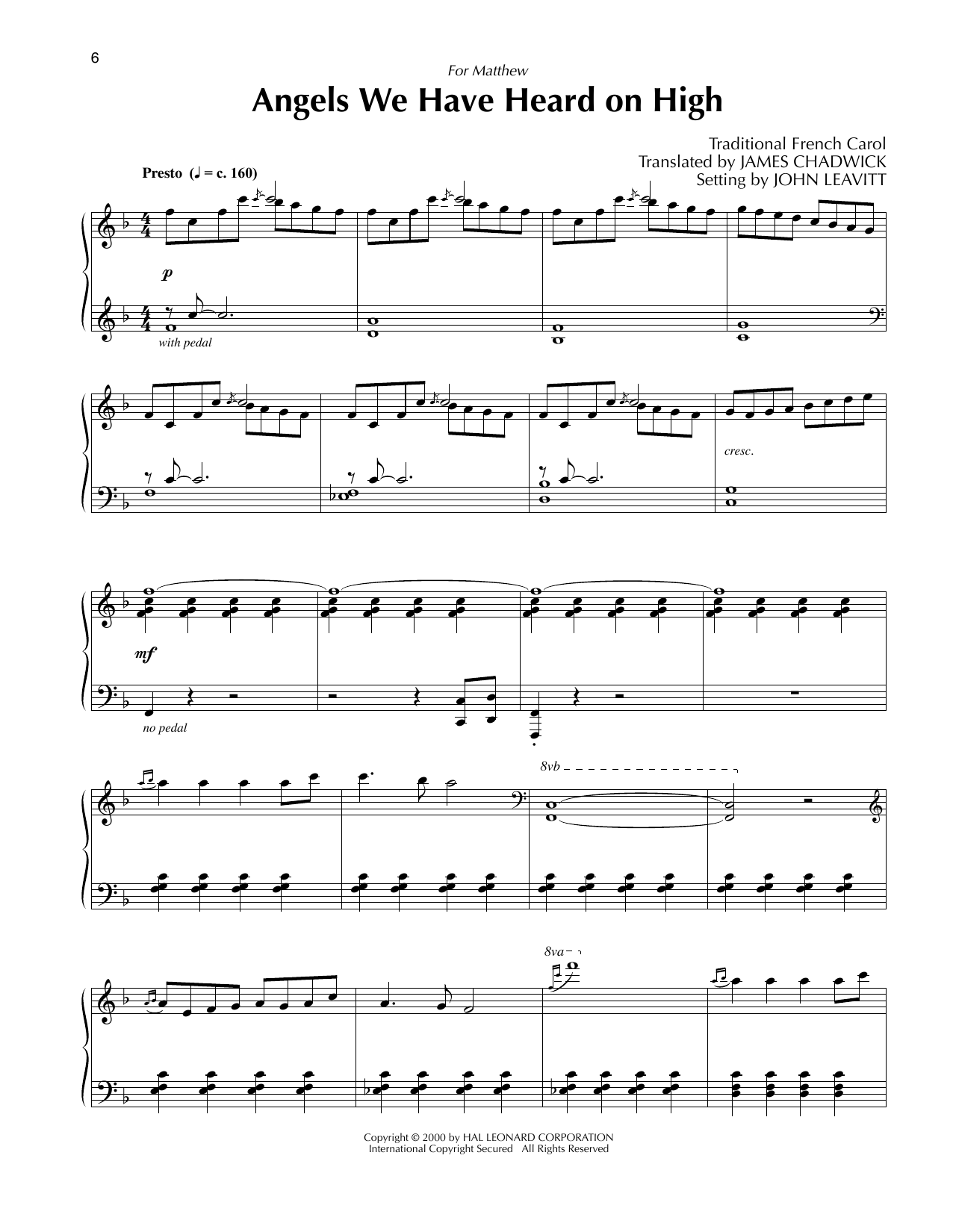 Traditional French Carol Angels We Have Heard On High (arr. John Leavitt) Sheet Music Notes & Chords for Piano Solo - Download or Print PDF