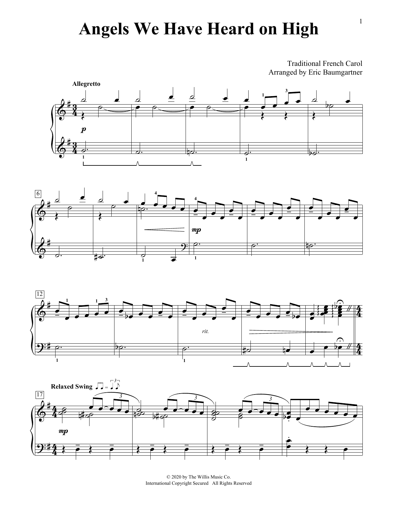 Traditional French Carol Angels We Have Heard On High [Jazz version] (arr. Eric Baumgartner) Sheet Music Notes & Chords for Educational Piano - Download or Print PDF