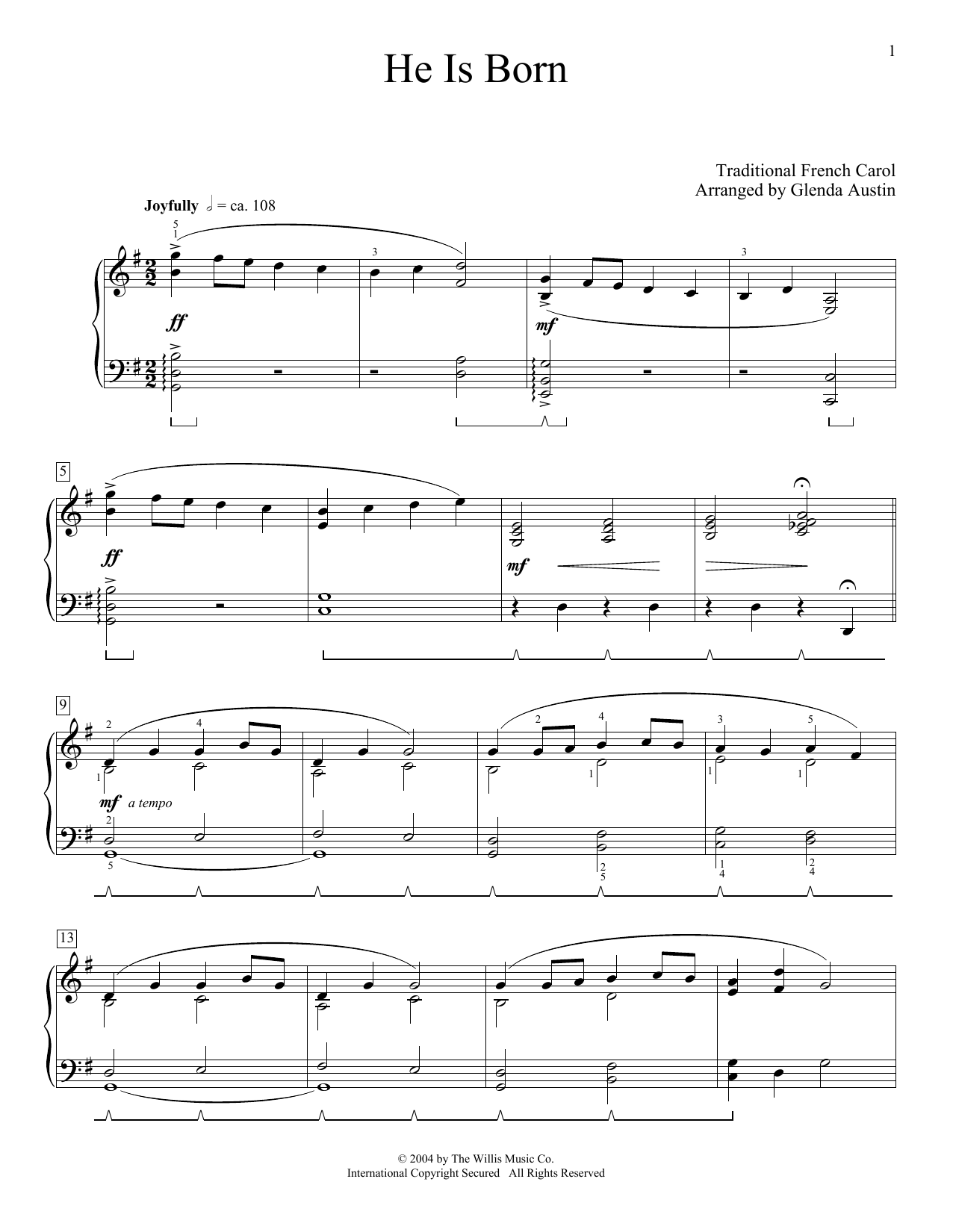 Traditional French Carol He Is Born (arr. Glenda Austin) Sheet Music Notes & Chords for Piano Solo - Download or Print PDF