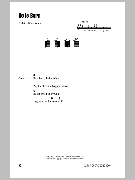 Traditional French Carol He Is Born Sheet Music Notes & Chords for Lyrics & Chords - Download or Print PDF