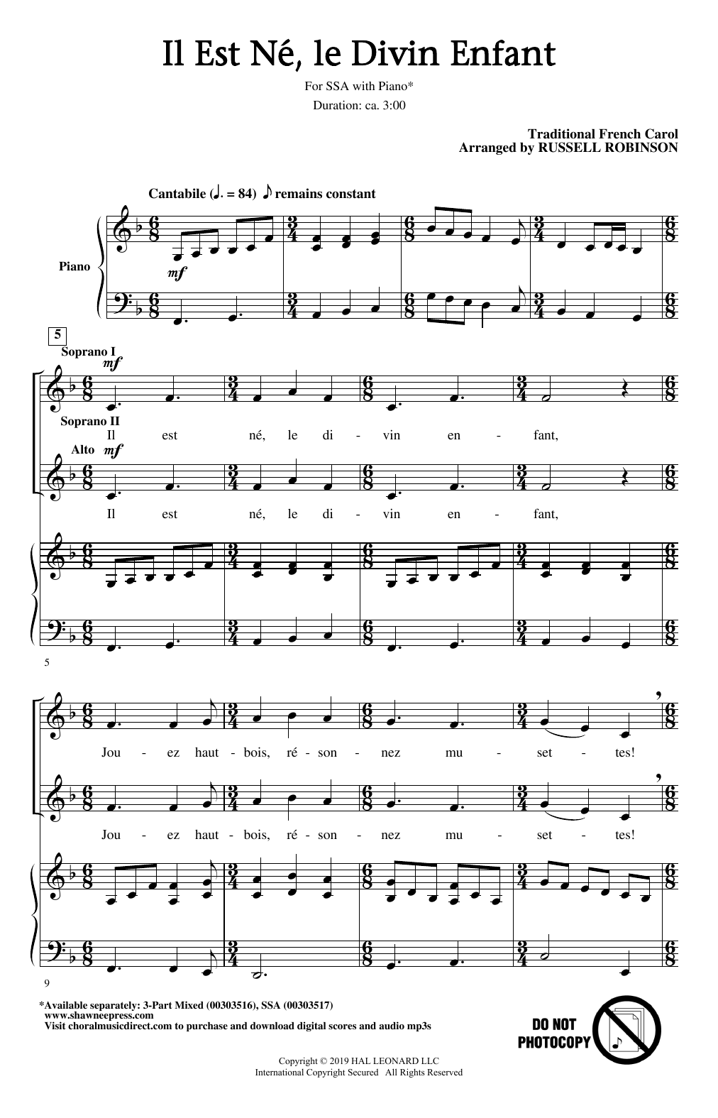 Traditional French Carol Il Est Ne, Le Divin Enfant (arr. Russell Robinson) Sheet Music Notes & Chords for SSA Choir - Download or Print PDF