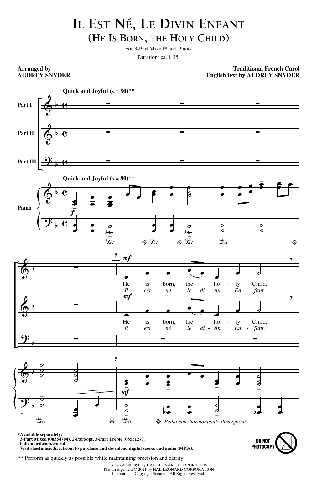 Traditional French Carol Il Est Né, Le Divin Enfant (He Is Born, The Holy Child) (arr. Audrey Snyder) Sheet Music Notes & Chords for 3-Part Mixed Choir - Download or Print PDF
