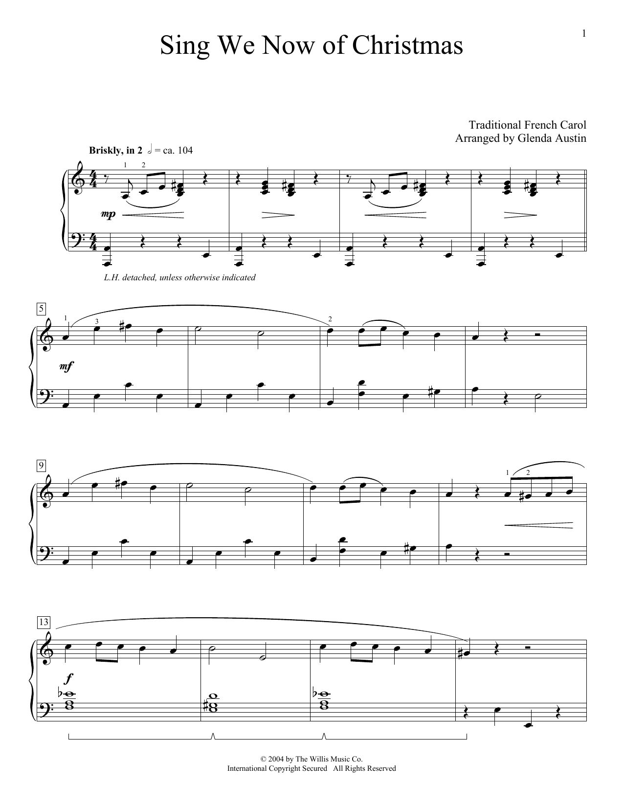 Traditional French Carol Sing We Now Of Christmas (arr. Glenda Austin) Sheet Music Notes & Chords for Piano Solo - Download or Print PDF