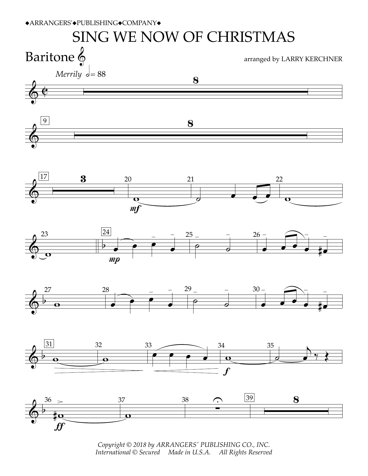 Traditional French Carol Sing We Now of Christmas (arr. Larry Kerchner) - Baritone T.C. Sheet Music Notes & Chords for Concert Band - Download or Print PDF