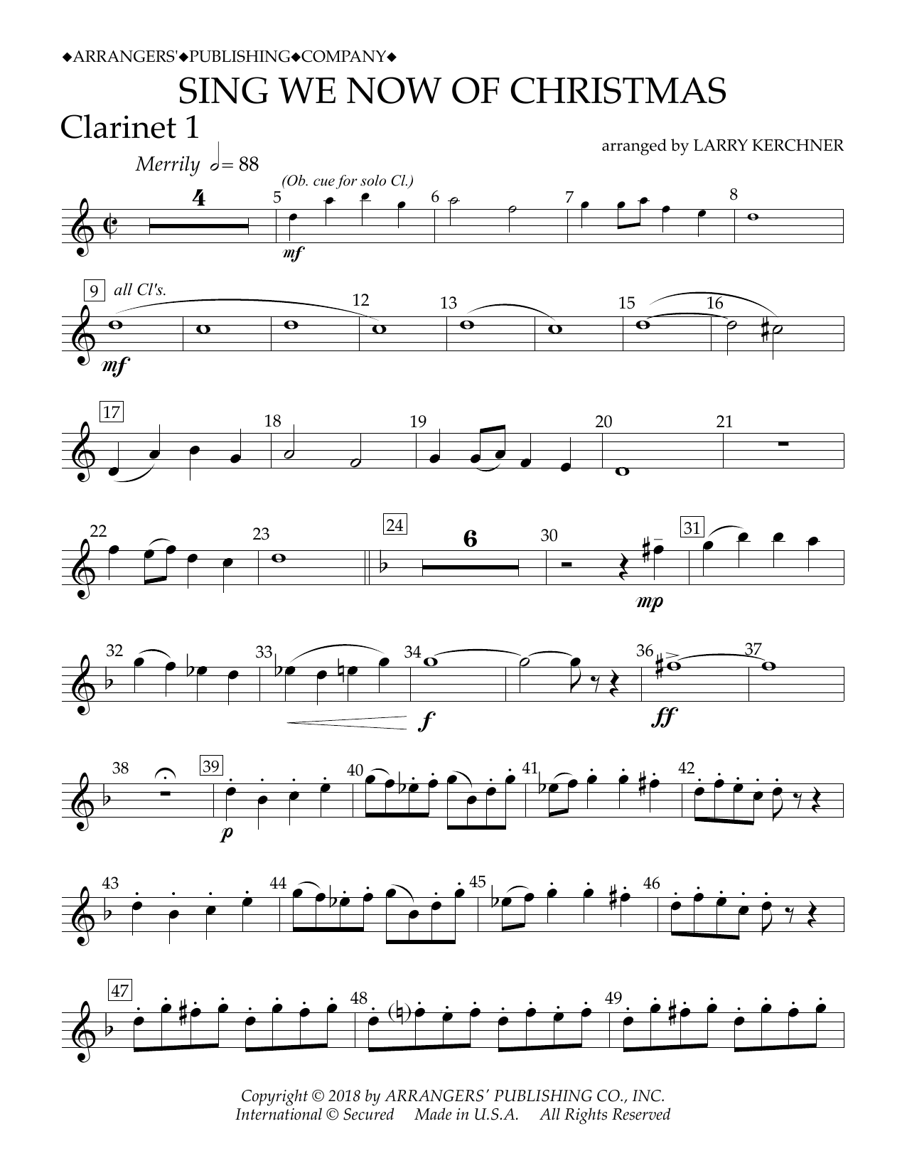 Traditional French Carol Sing We Now of Christmas (arr. Larry Kerchner) - Bb Clarinet 1 Sheet Music Notes & Chords for Concert Band - Download or Print PDF