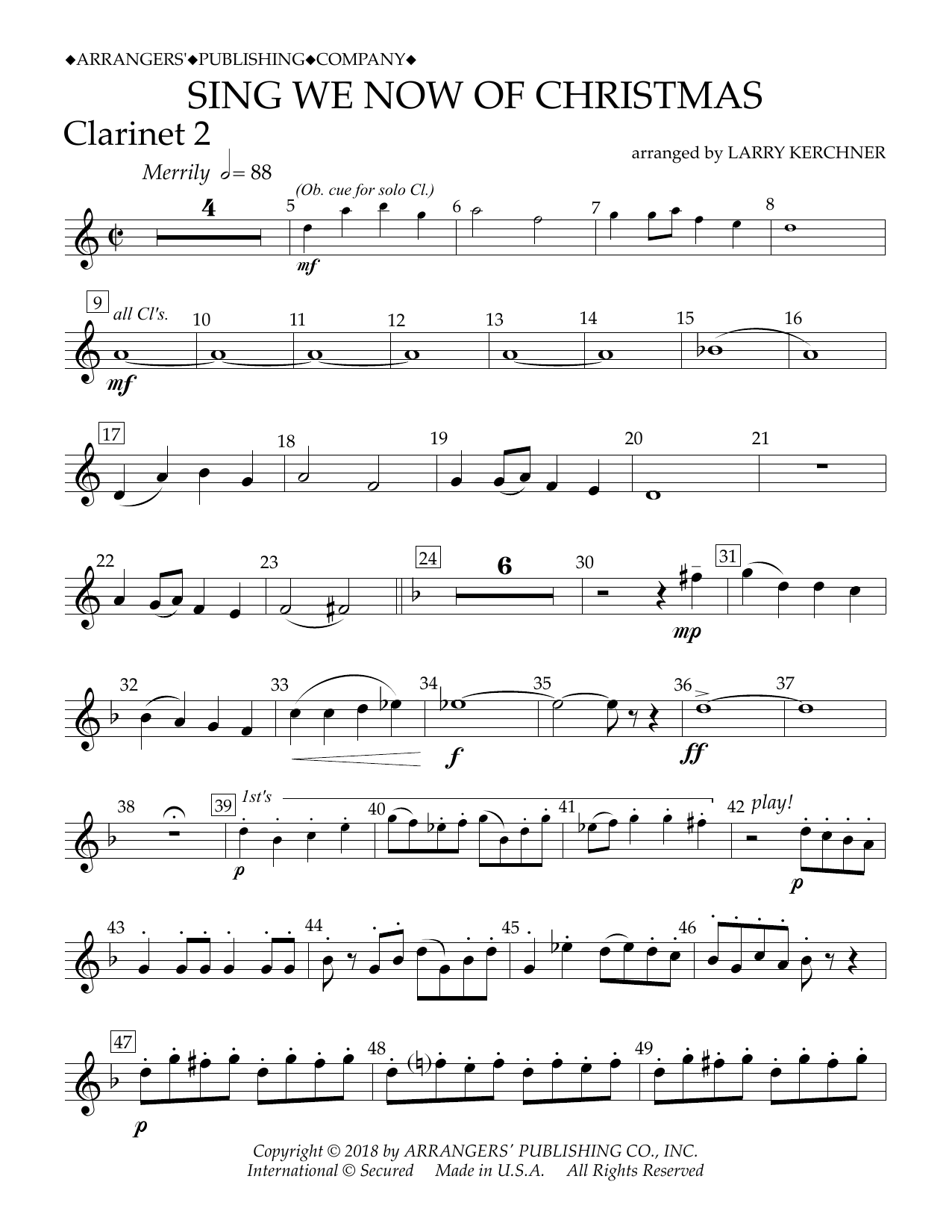Traditional French Carol Sing We Now of Christmas (arr. Larry Kerchner) - Bb Clarinet 2 Sheet Music Notes & Chords for Concert Band - Download or Print PDF