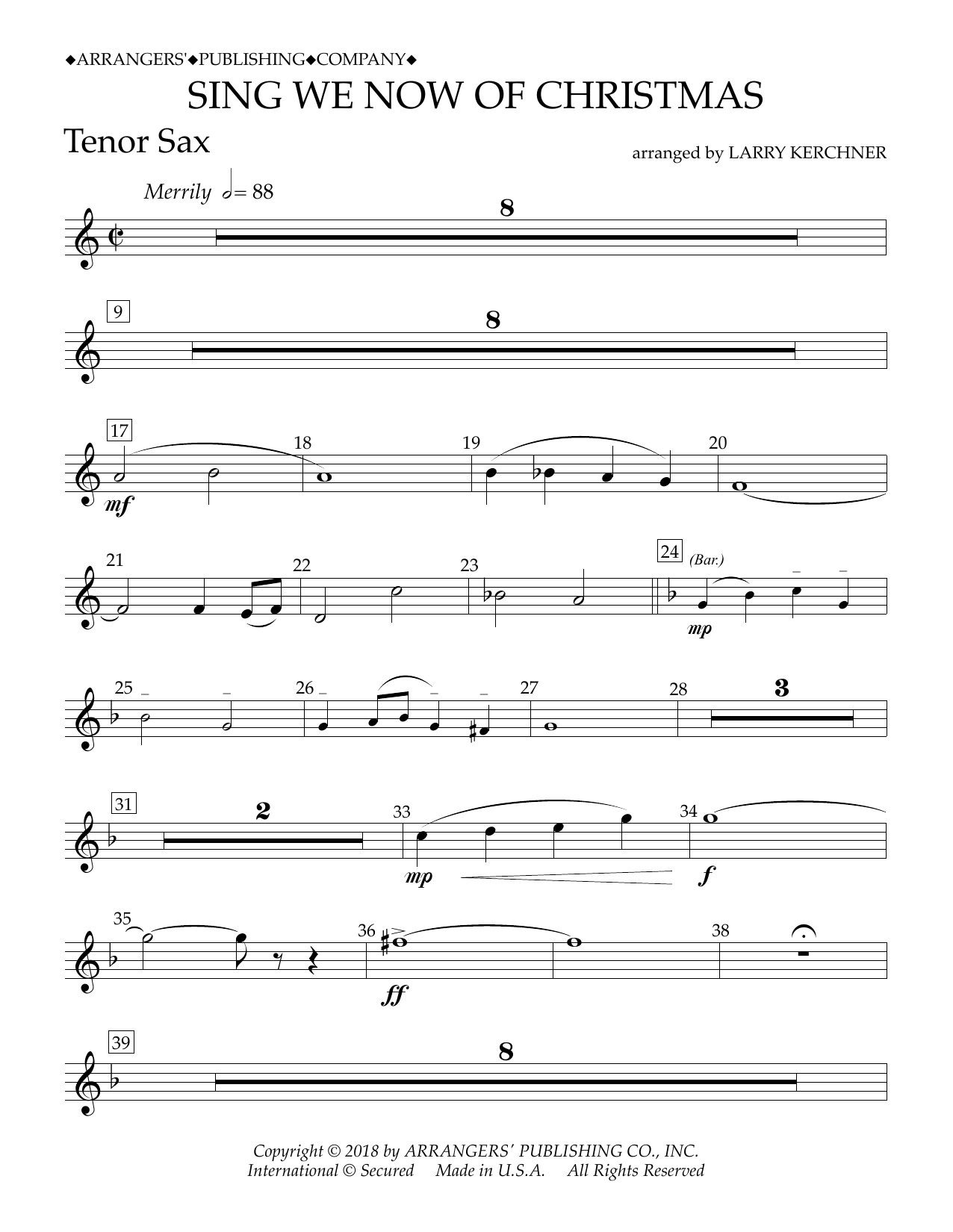 Traditional French Carol Sing We Now of Christmas (arr. Larry Kerchner) - Bb Tenor Saxophone Sheet Music Notes & Chords for Concert Band - Download or Print PDF