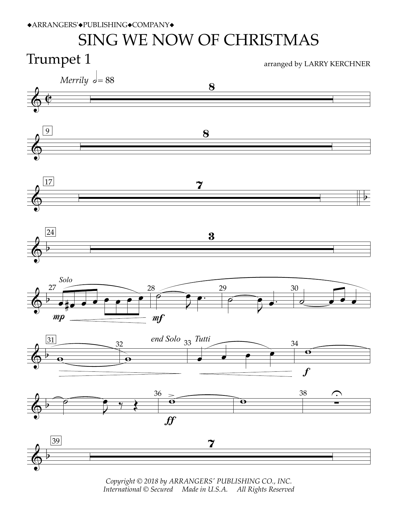 Traditional French Carol Sing We Now of Christmas (arr. Larry Kerchner) - Bb Trumpet 1 Sheet Music Notes & Chords for Concert Band - Download or Print PDF