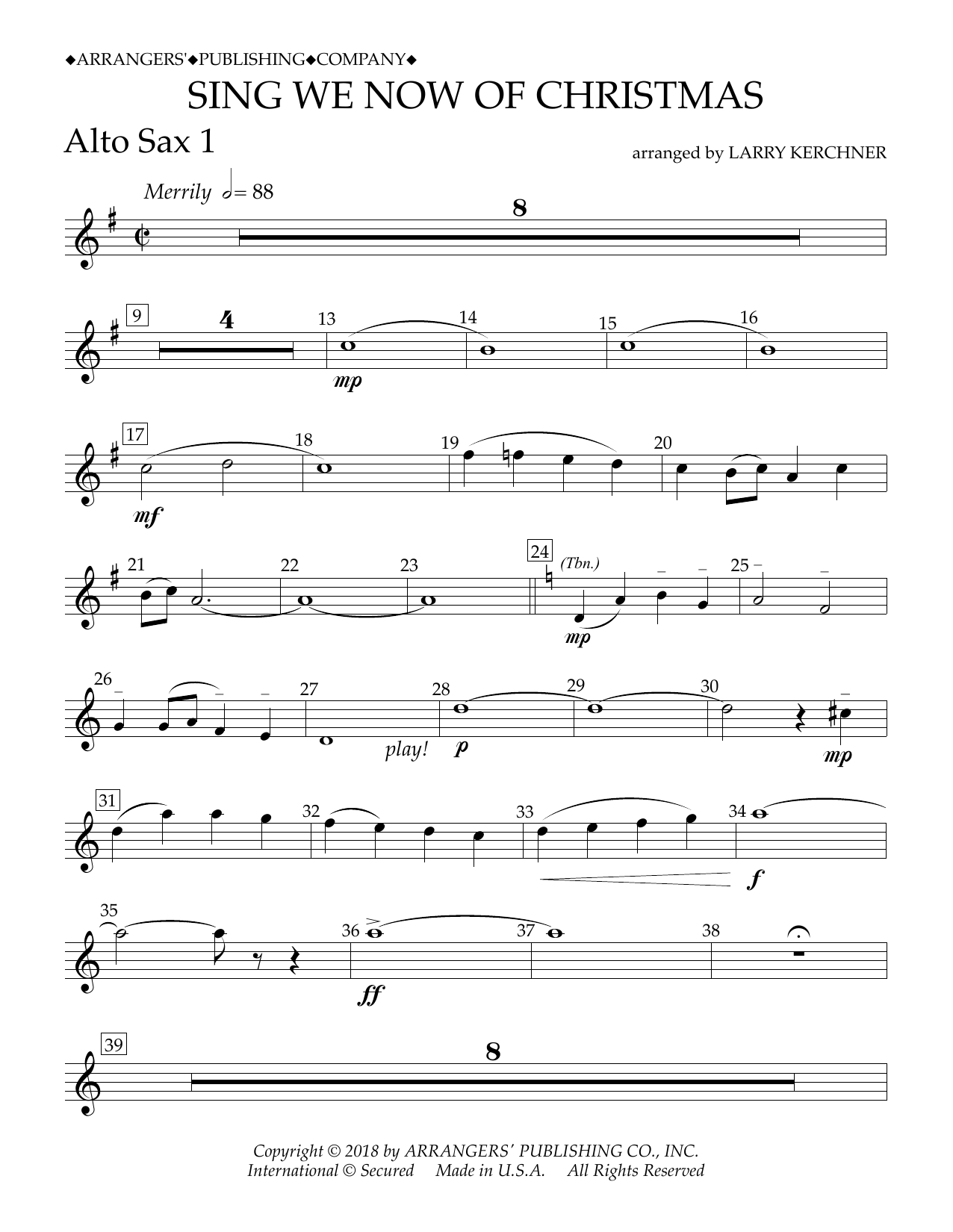 Traditional French Carol Sing We Now of Christmas (arr. Larry Kerchner) - Eb Alto Saxophone 1 Sheet Music Notes & Chords for Concert Band - Download or Print PDF