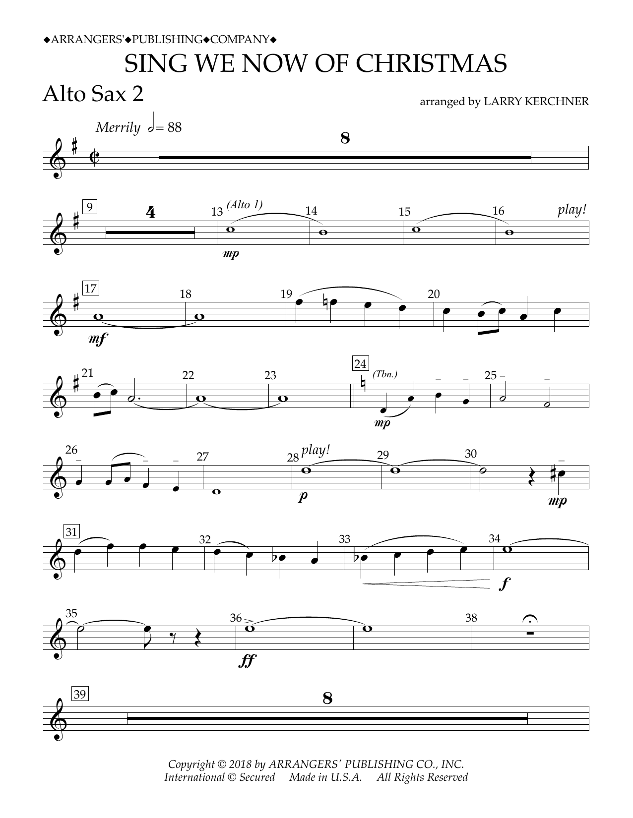 Traditional French Carol Sing We Now of Christmas (arr. Larry Kerchner) - Eb Alto Saxophone 2 Sheet Music Notes & Chords for Concert Band - Download or Print PDF