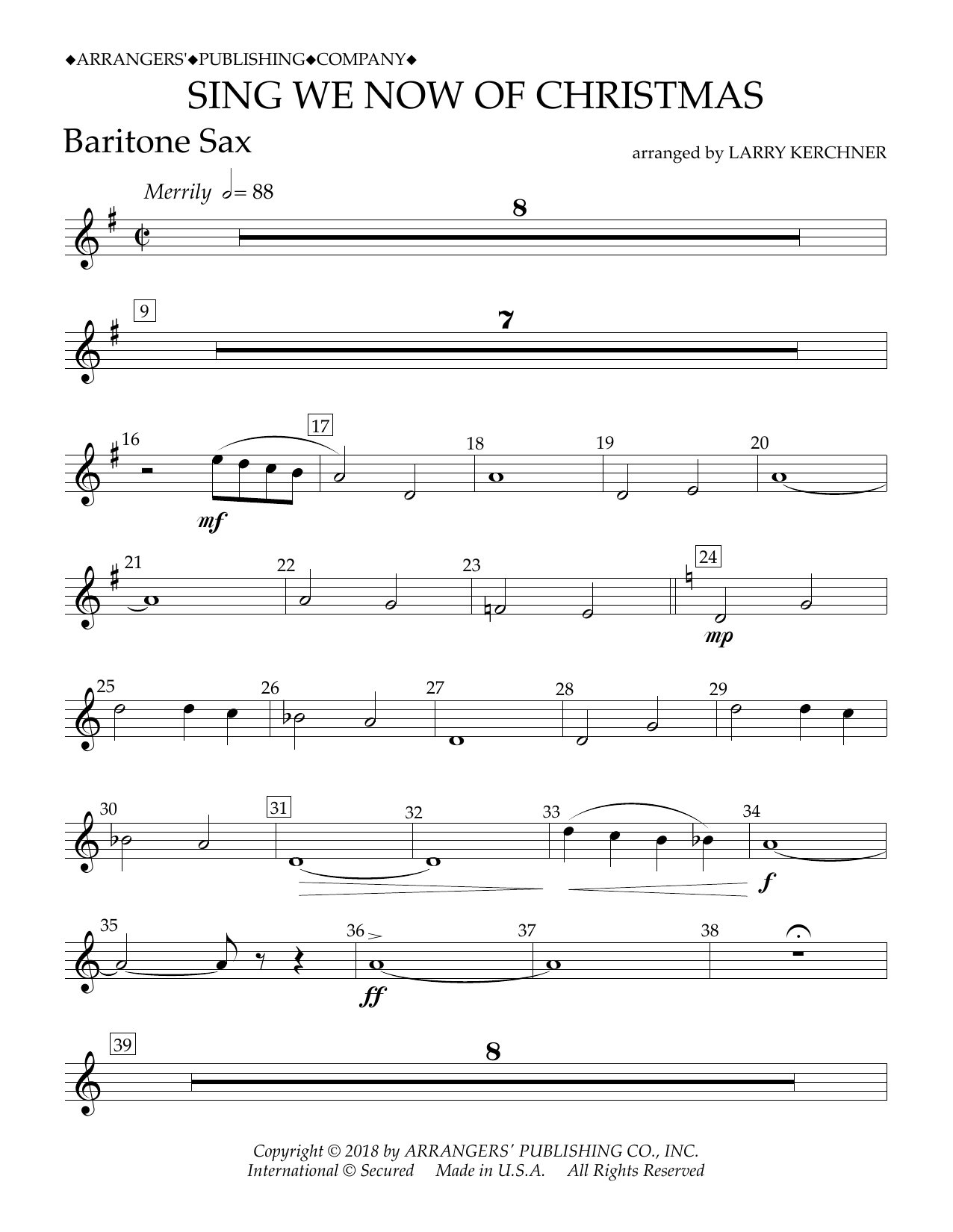 Traditional French Carol Sing We Now of Christmas (arr. Larry Kerchner) - Eb Baritone Saxophone Sheet Music Notes & Chords for Concert Band - Download or Print PDF
