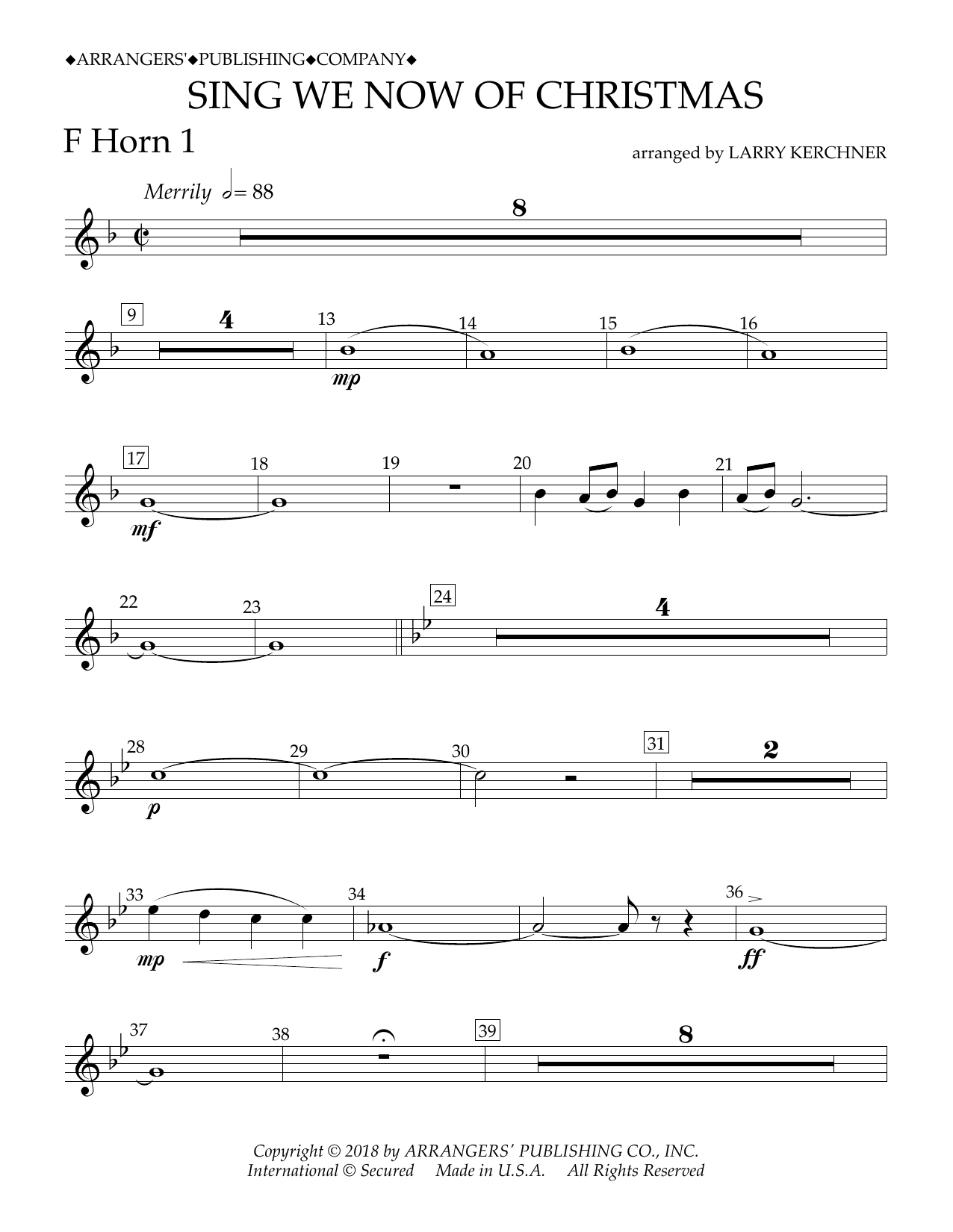 Traditional French Carol Sing We Now of Christmas (arr. Larry Kerchner) - F Horn 1 Sheet Music Notes & Chords for Concert Band - Download or Print PDF