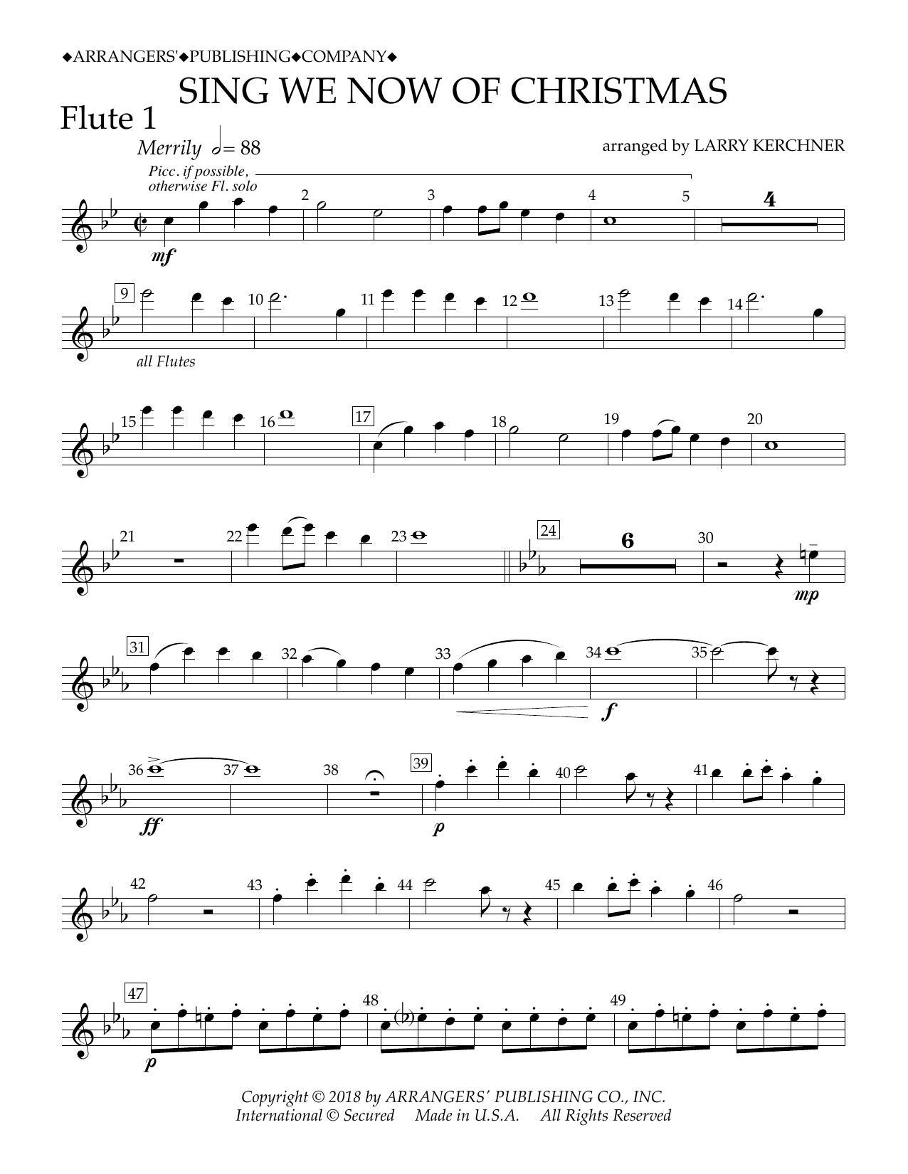 Traditional French Carol Sing We Now of Christmas (arr. Larry Kerchner) - Flute 1 Sheet Music Notes & Chords for Concert Band - Download or Print PDF
