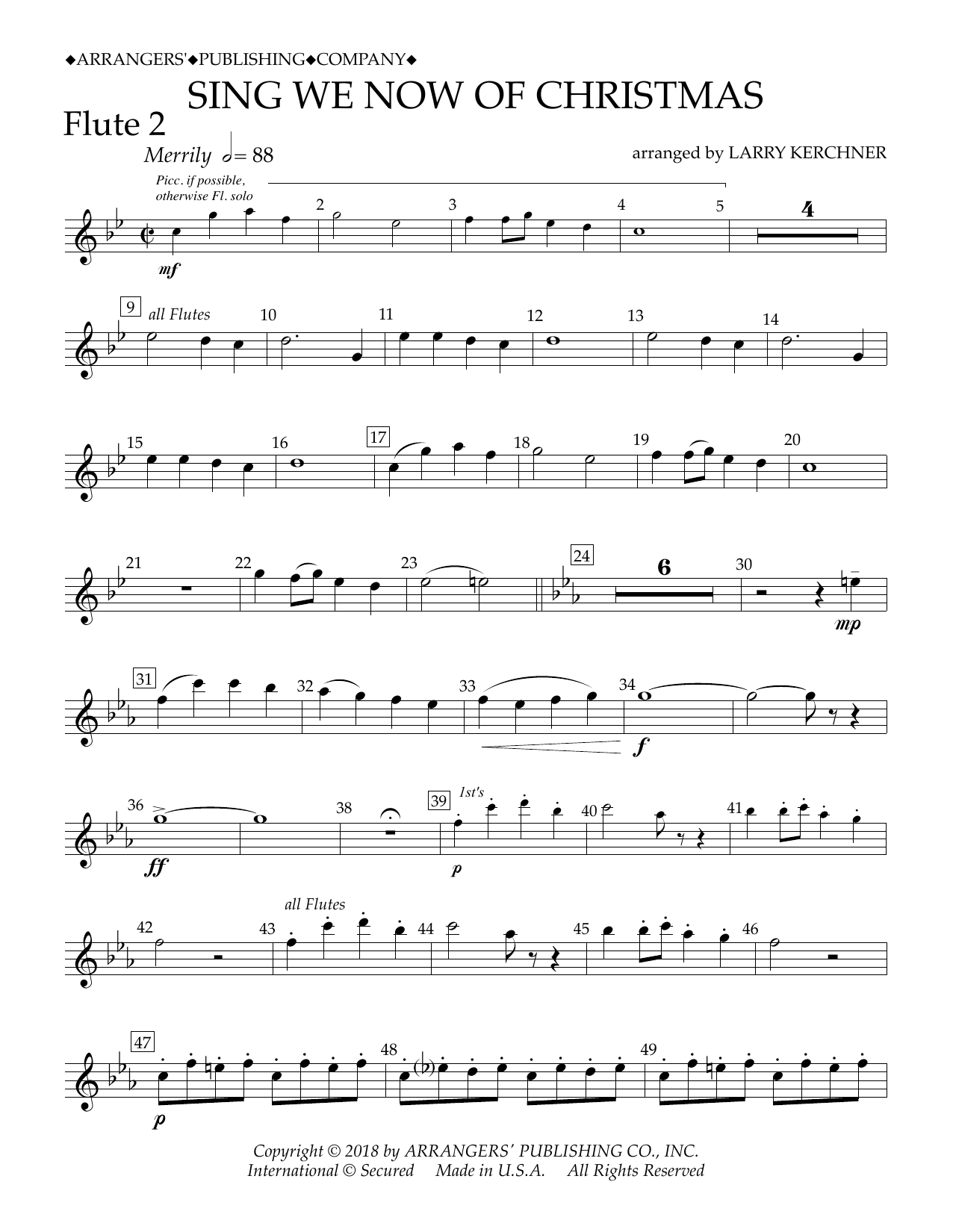 Traditional French Carol Sing We Now of Christmas (arr. Larry Kerchner) - Flute 2 Sheet Music Notes & Chords for Concert Band - Download or Print PDF