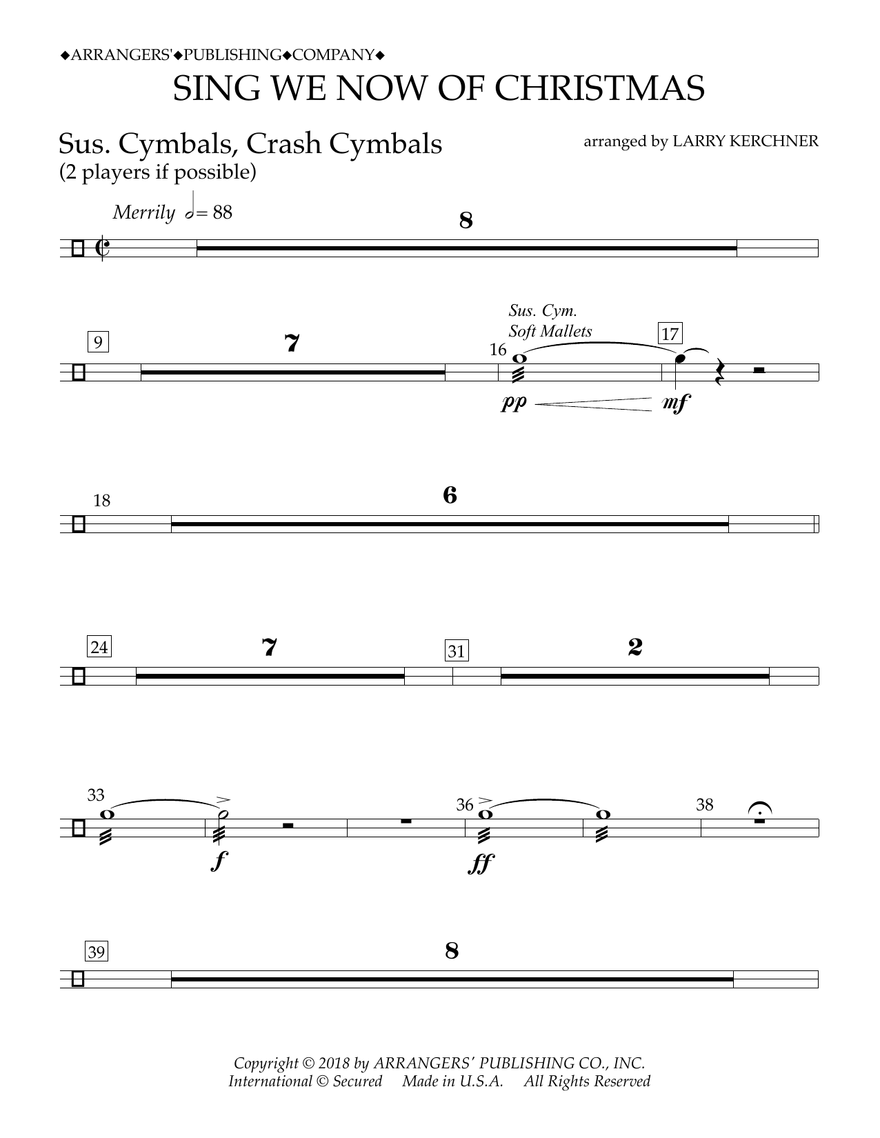 Traditional French Carol Sing We Now of Christmas (arr. Larry Kerchner) - Sus. Cym./Cr. Cym. Sheet Music Notes & Chords for Concert Band - Download or Print PDF